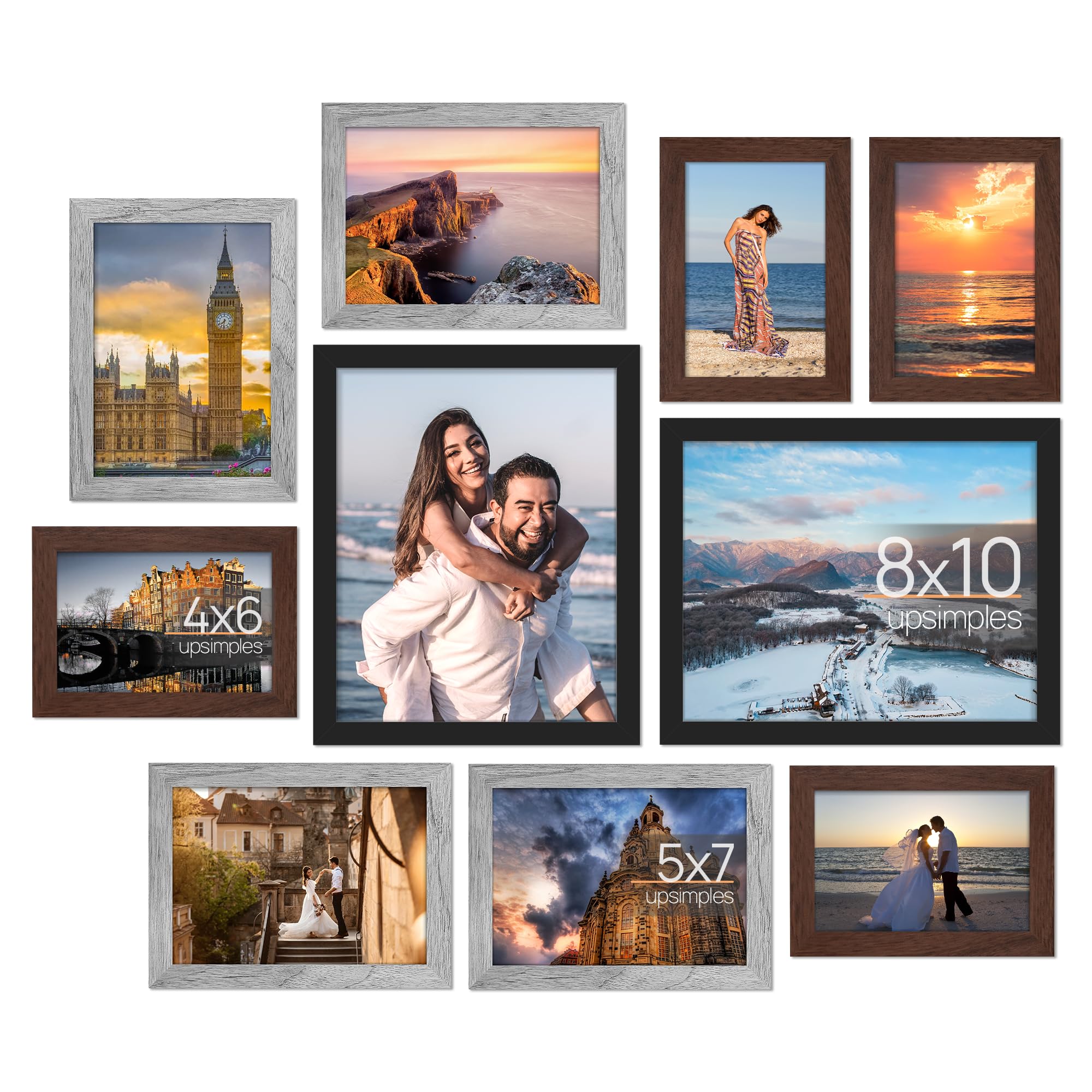 upsimples 10 Pack Picture Frames Collage Wall Decor for Mounting or Tabletop Display, Photo Gallery Frame Set for Family, Multi Sizes Including 8x10, 5x7, 4x6, Black