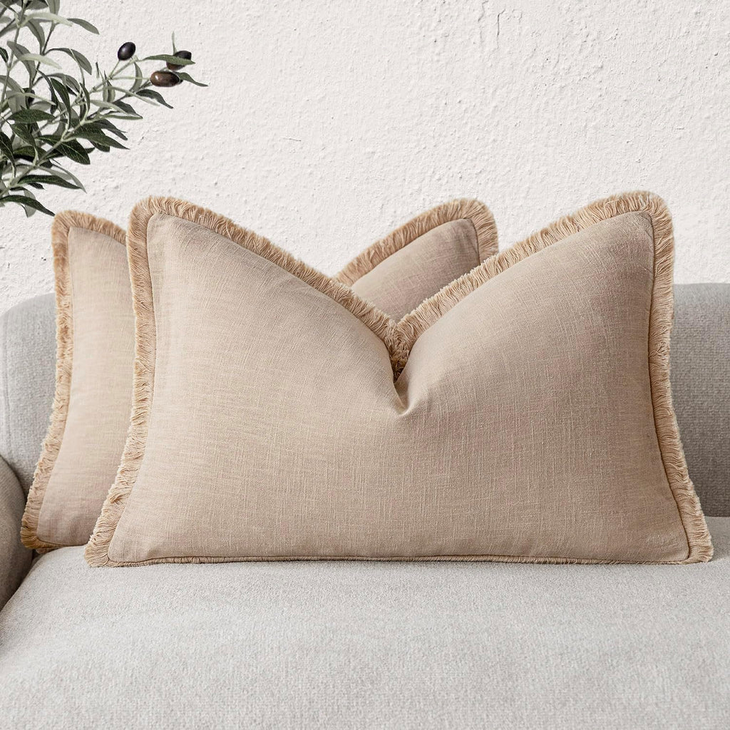 Foindtower Set of 2 Decorative Linen Fringe Throw Pillow Covers Cozy Boho Farmhouse Cushion Cover with Tassels Soft Accent Pillowcase for Couch Sofa Bed Living Room Home Decor,18×18 Inch,Navy Blue