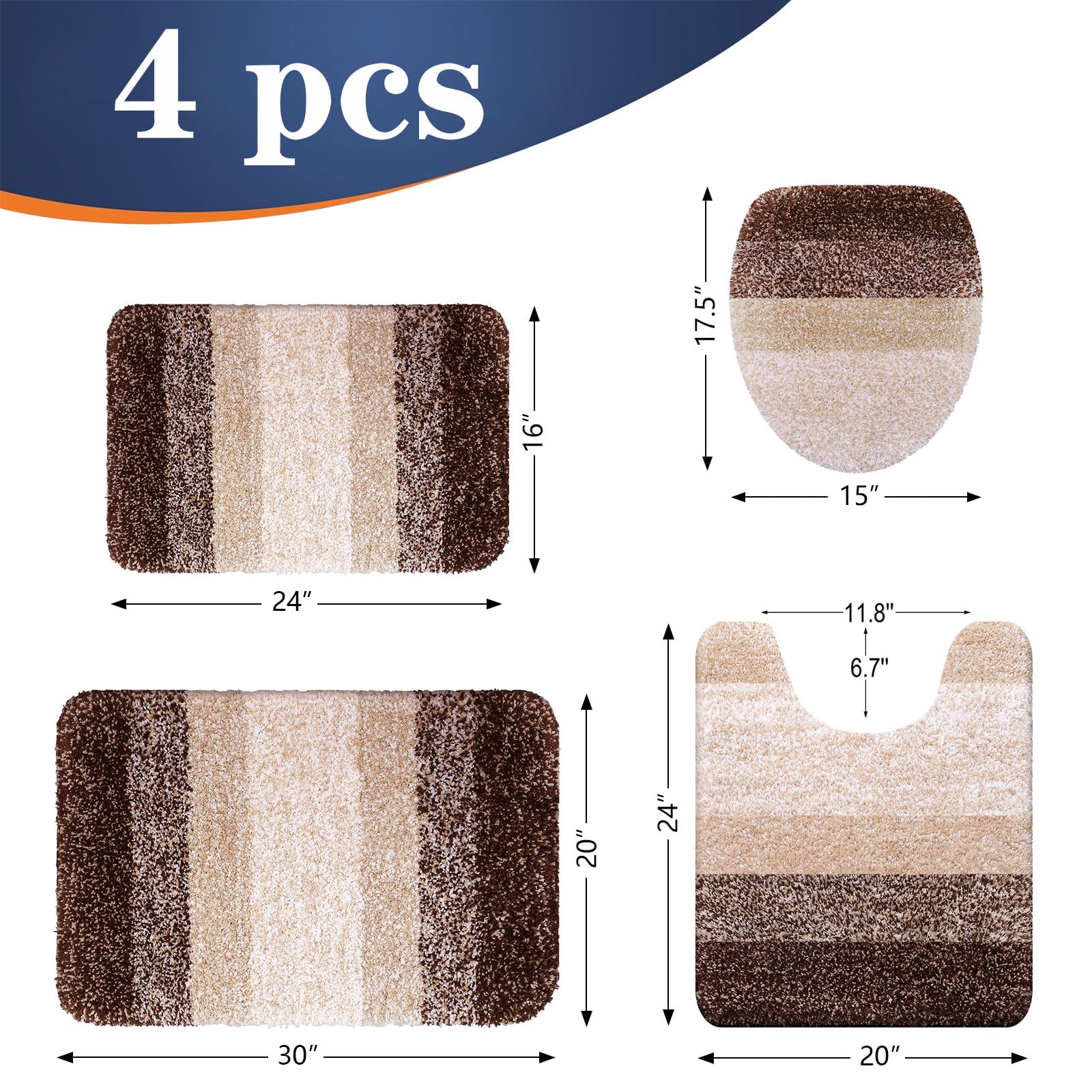 OLANLY Bathroom Rugs Sets 4 piece, Soft Microfiber Absorbent Bath Mat, U-Shaped Contour Toilet Mat and Toilet Lid Cover, Quick Dry, Machine Washable, Toilet Cover and Rug Set for Bathroom, Grey