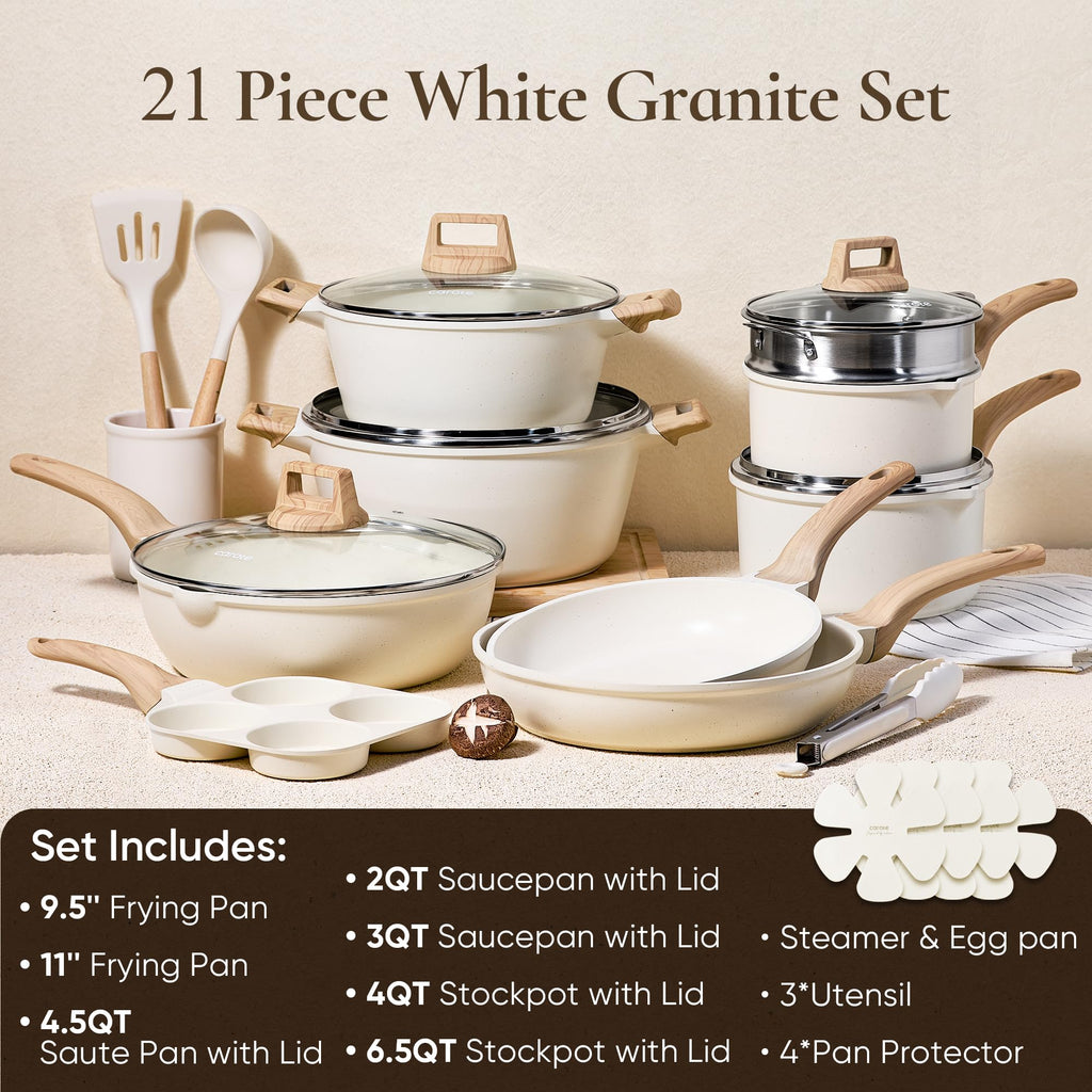 CAROTE 21Pcs Pots and Pans Set, Nonstick Cookware Sets, White Granite Induction Cookware Non Stick Cooking Set w/Frying Pans & Saucepans(PFOS, PFOA Free)