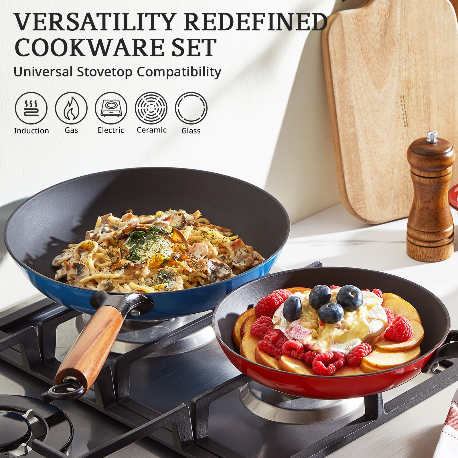 KITESSENSU Enameled Cast Iron Skillets - Non Stick Frying Pans Set with Durable Wooden Handle - 10&12 Inch Titanium Cast Iron Pans for Multi-Cooking - Pre Seasoned Cookware Set - Gradual Cobalt Blue