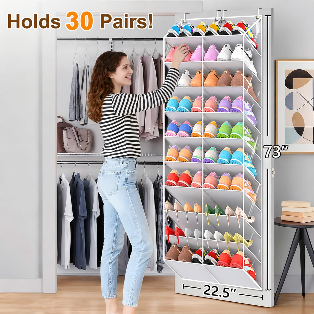 UVIAHOMI 20-30 Pairs Over the Door Shoe Organizer, Clear Pockets Hanging Shoe Storage for Closet, 10-Tier Door Shoes Rack, Handing Shoes Holder Fit All the Family's Sneakers, Boots, Heels, Black