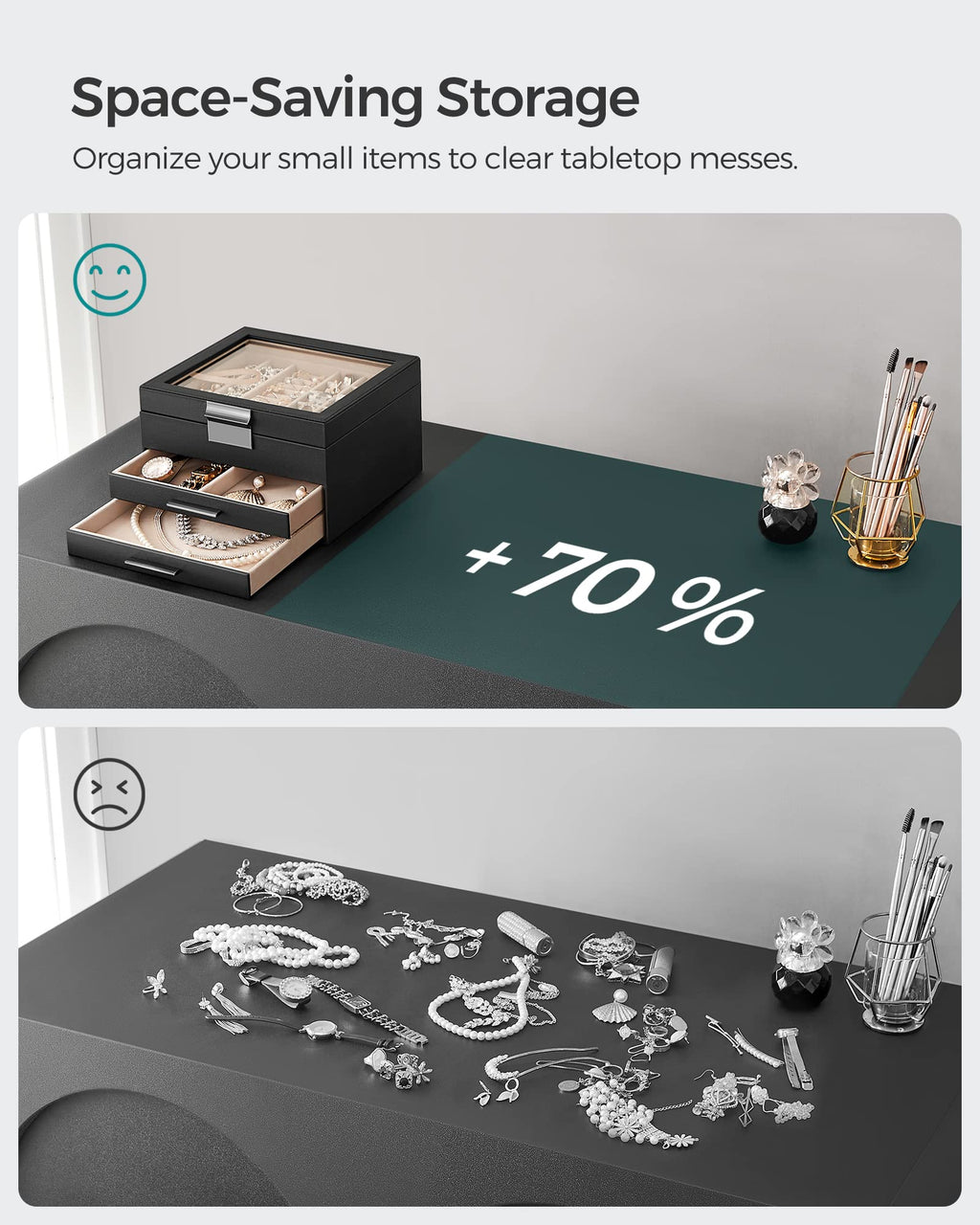 SONGMICS GISELLA Collection - Jewelry Box Organizer, 3-Layer Jewelry Storage with 2 Drawers, Shiny Metal Hardware, Glass Lid, Modern, 8 x 9.1 x 5.3 Inches, Cloud White and Gold Color UJBC239WT