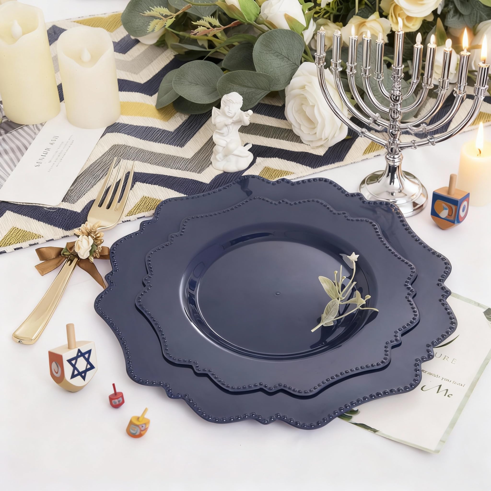 COLOSUS 60PCS White Plastic Plates for 30 guests-Fancy Plastic Beaded Plates,Plastic Plates for Party, Elegant White plates,Include 30 PCS 10.5" Dinner plates & 30PCS 8.25" Dessert plates for easter