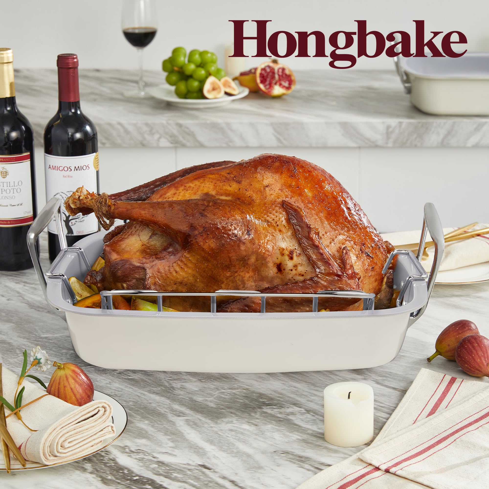 HONGBAKE Ceramic Coated Nonstick Large Turkey Roasting Pan with Rack (U-Shaped), 18.7×13.6 Inch Deep Roaster Pan for 25 lb Turkey & Chicken, Wider Handles, Non Toxic, PFOA & PTFE-Free, Cream & Gray