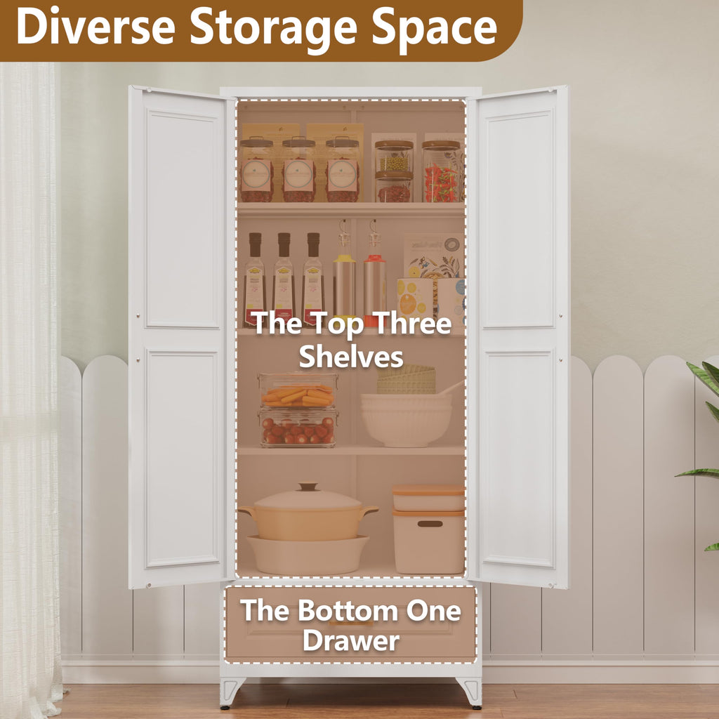 Polup White Kitchen Pantry Cabinet, 71 Inch Tall Metal Storage Cabinet with Doors and Shelves, Pantry Cabinets for Kitchen Storage, Freestanding Cupboard for Living, Dining Room, Assemble Required