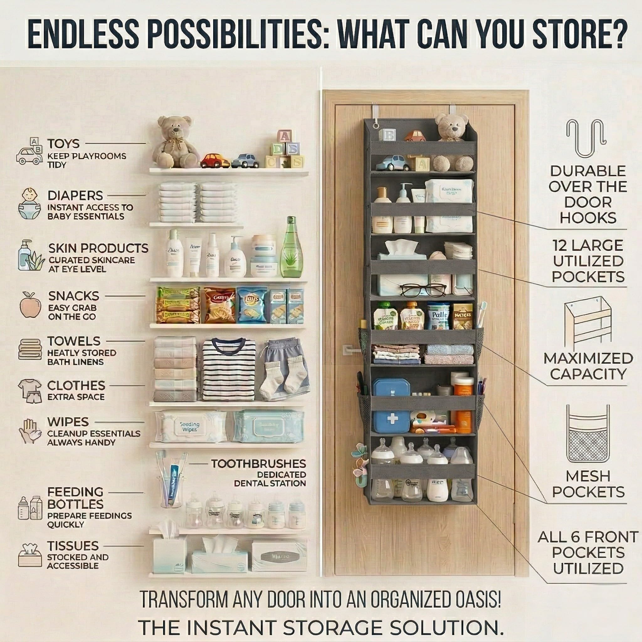 HOMELUX THEORY UPGRADED 6 Tiers Over The Door Organizer Hanging - 100D EXTRA THICK & 50lbs HUGE CAPACITY, 12 Side Mesh Pockets Over The Door Shoe Organizer, Hanging Closet Organizer (Ivory, 1pc)