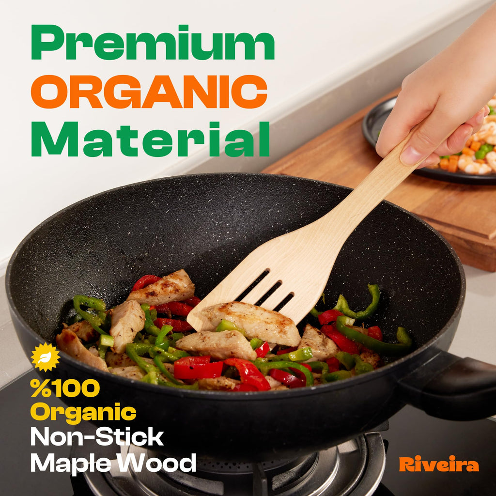 Riveira Dark Bamboo Wooden Spoons for Cooking 6-Piece, Apartment Essentials Wood Spatula Spoon Nonstick Kitchen Utensil Set Premium Quality Housewarming Gifts for Everyday Use