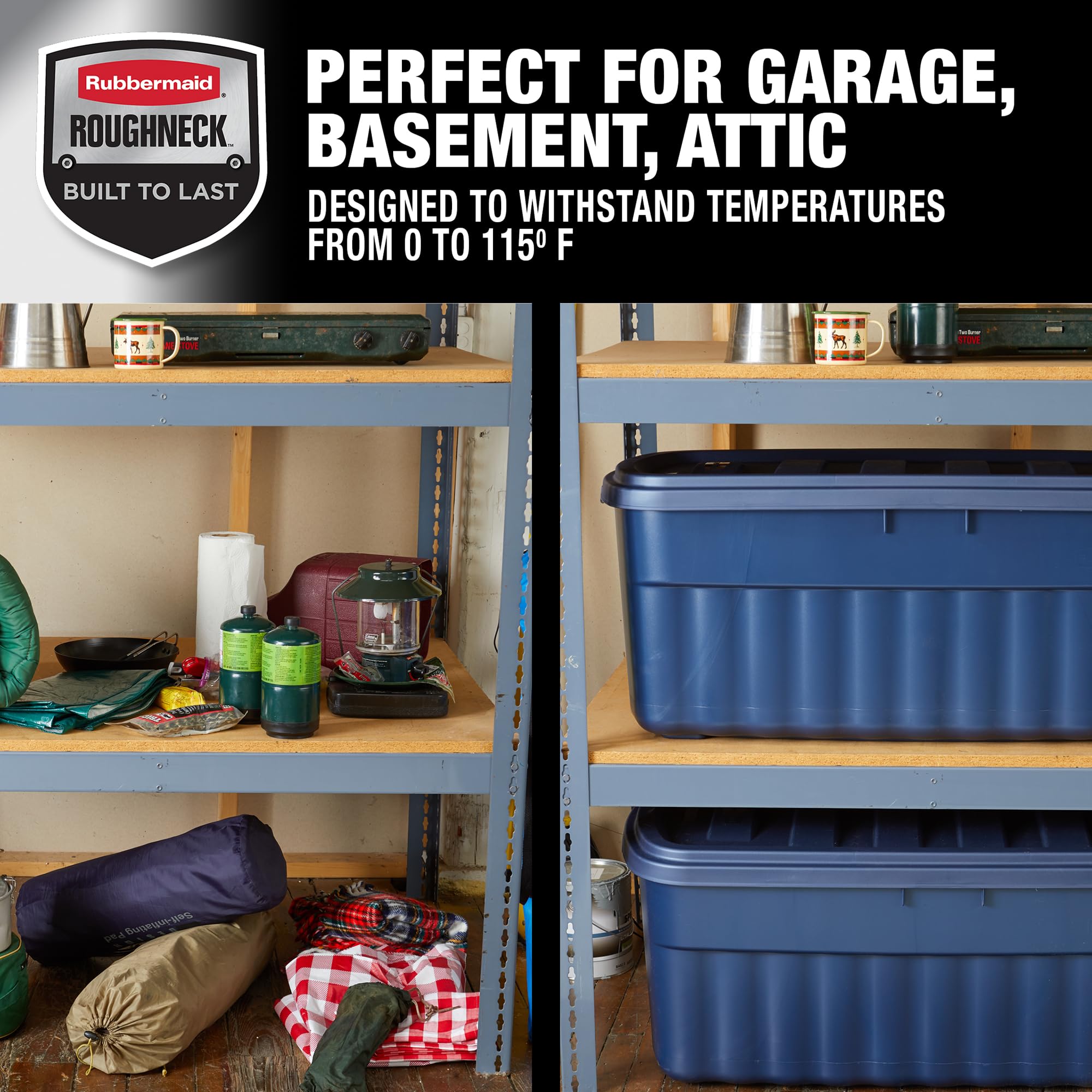 Rubbermaid Roughneck Tote 14 Gal, 6 Pack, Made in USA, Dark Indigo Metallic, Rugged Plastic Stackable Storage Bins with Lids and Handles