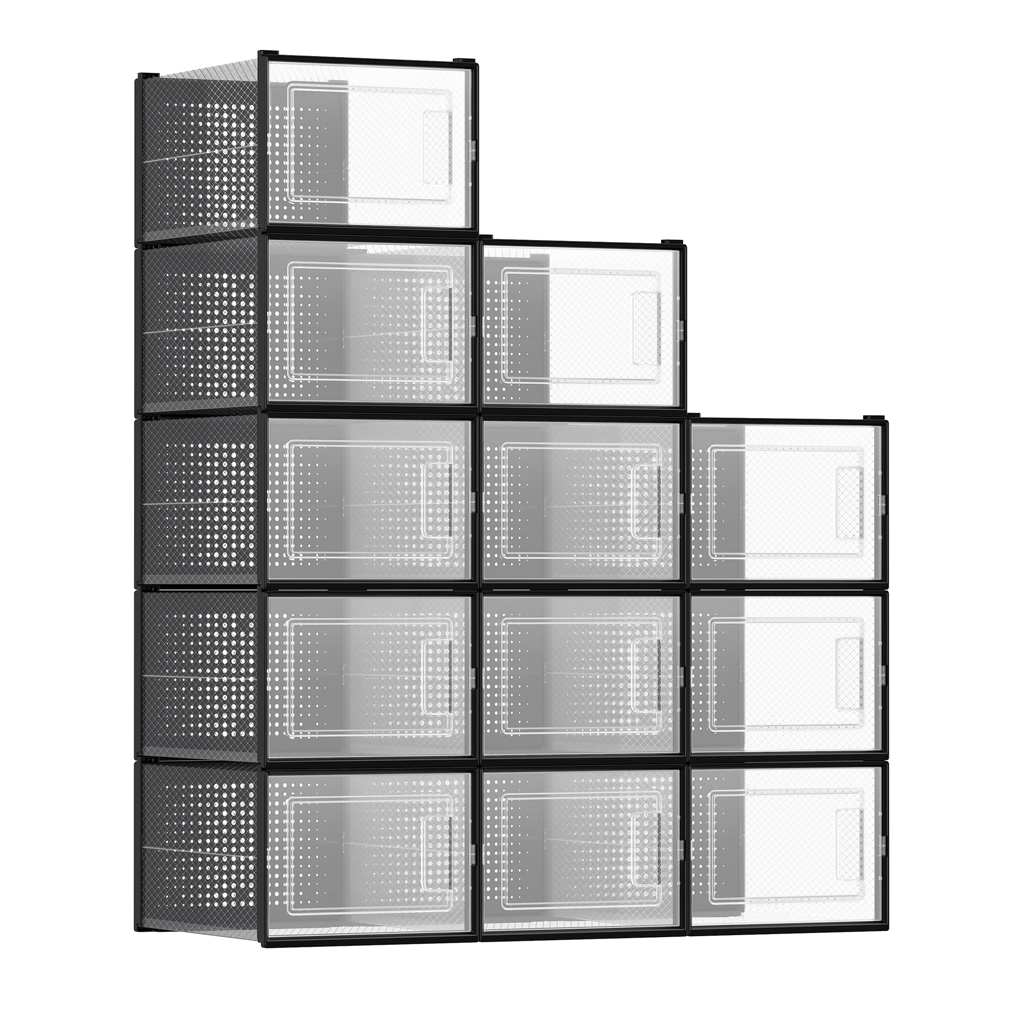 SONGMICS Shoe Boxes, Pack of 12 Shoe Storage Organizers, Stackable Clear Plastic Boxes for Closet, Sneakers, 13.1 x 9.1 x 5.6 Inches, Transparent and White ULSP12SWT