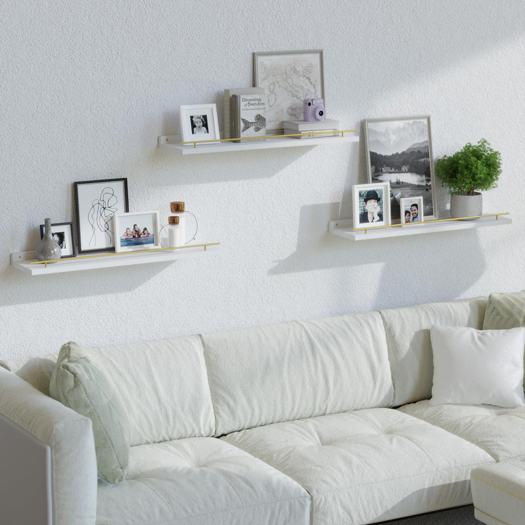 WOPITUES Floating Shelves with Black Metal Guardrail, Shelves for Wall Decor Set of 3, Wall Shelves for Bedroom, Bathroom, Kitchen, Living Room, Plants, Picture Frames, Art- Black