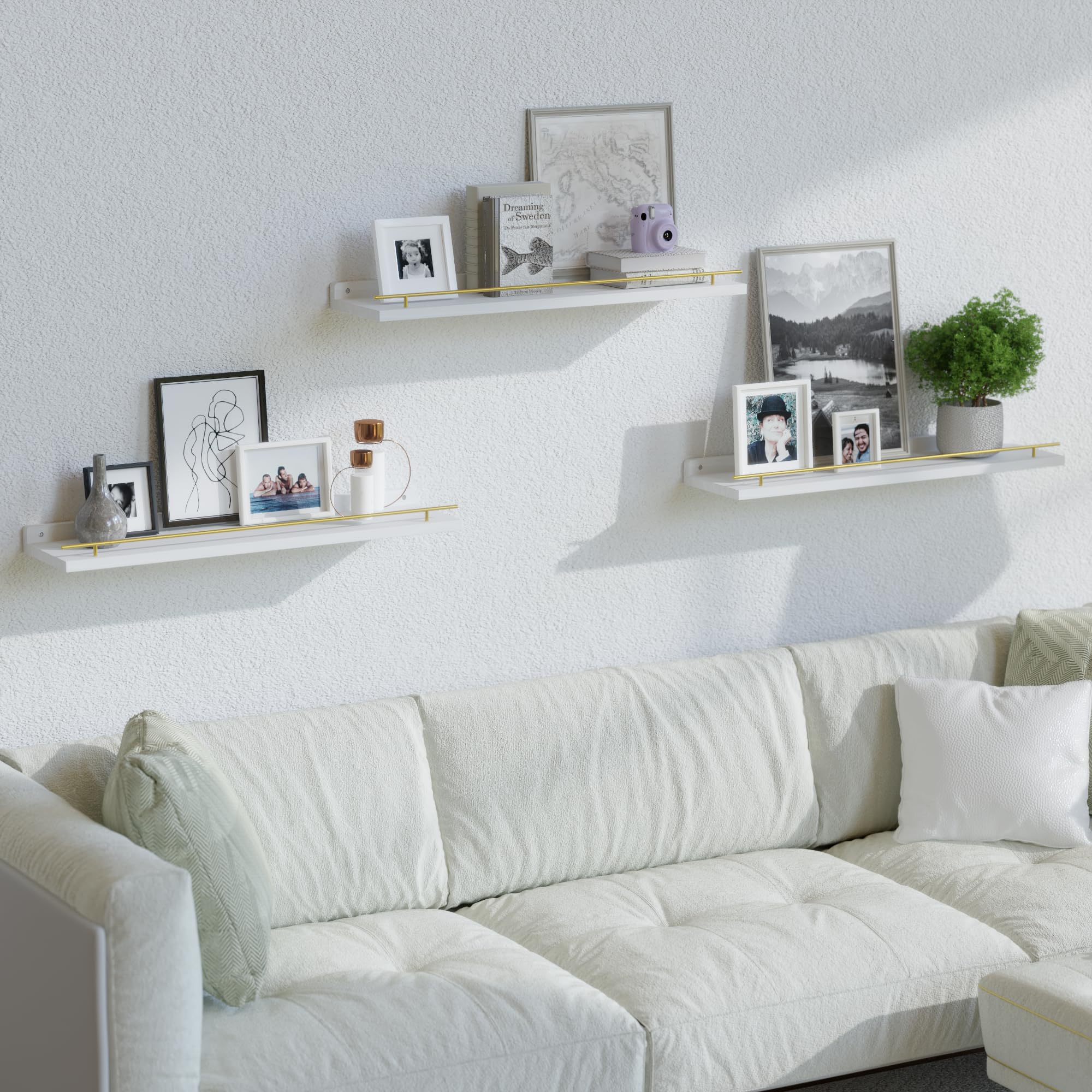 WOPITUES Floating Shelves with Black Metal Guardrail, Shelves for Wall Decor Set of 3, Wall Shelves for Bedroom, Bathroom, Kitchen, Living Room, Plants, Picture Frames, Art- Black