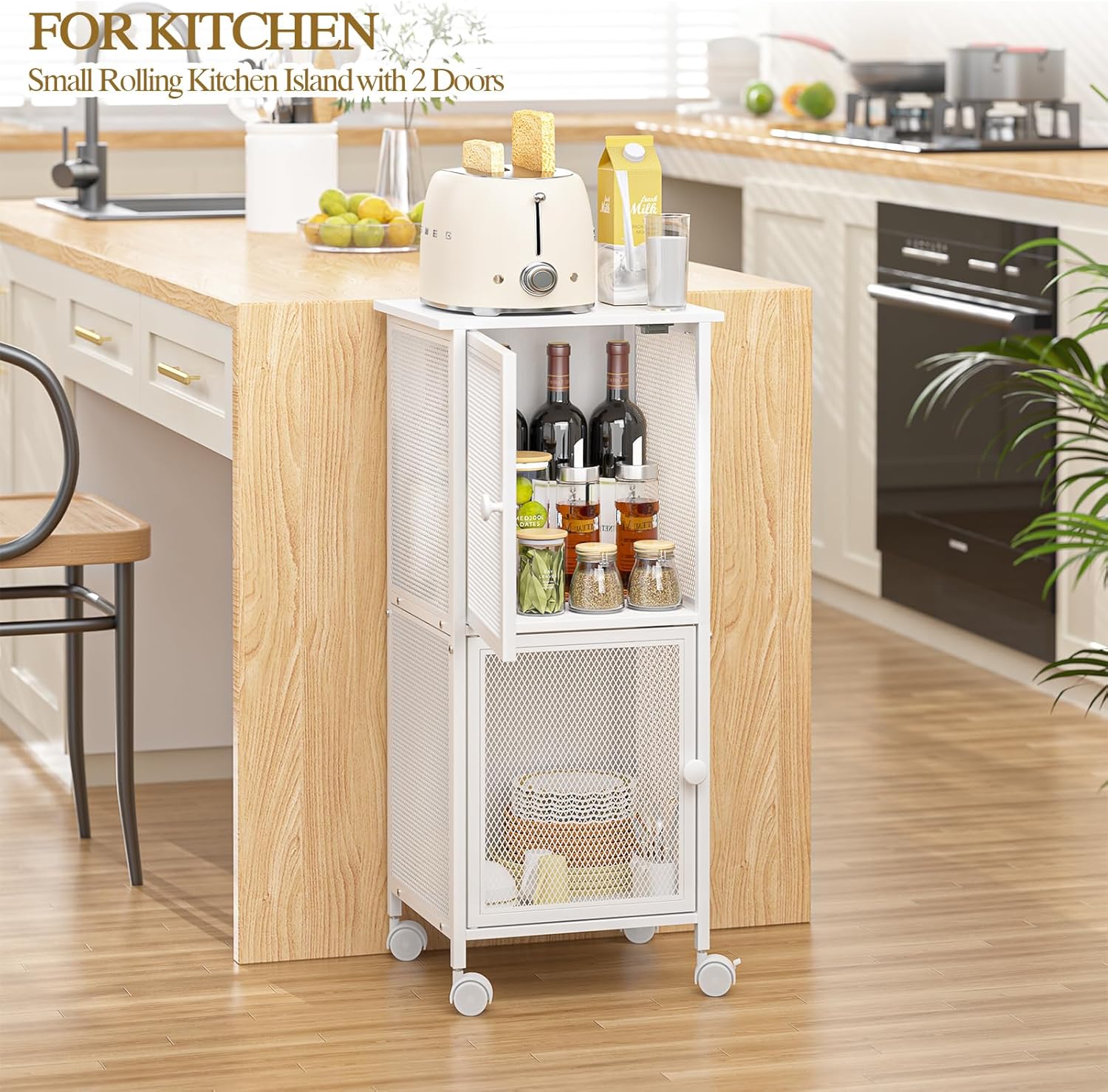 Small Bathroom Storage Cabinet with Movable Wheels, Wooden Bathroom Standing Shelf with 2 Metal Doors, Slim Bathroom Storage Cart for Small Spaces, Laundry, Kitchen, Narrow stand Storage Unit, White