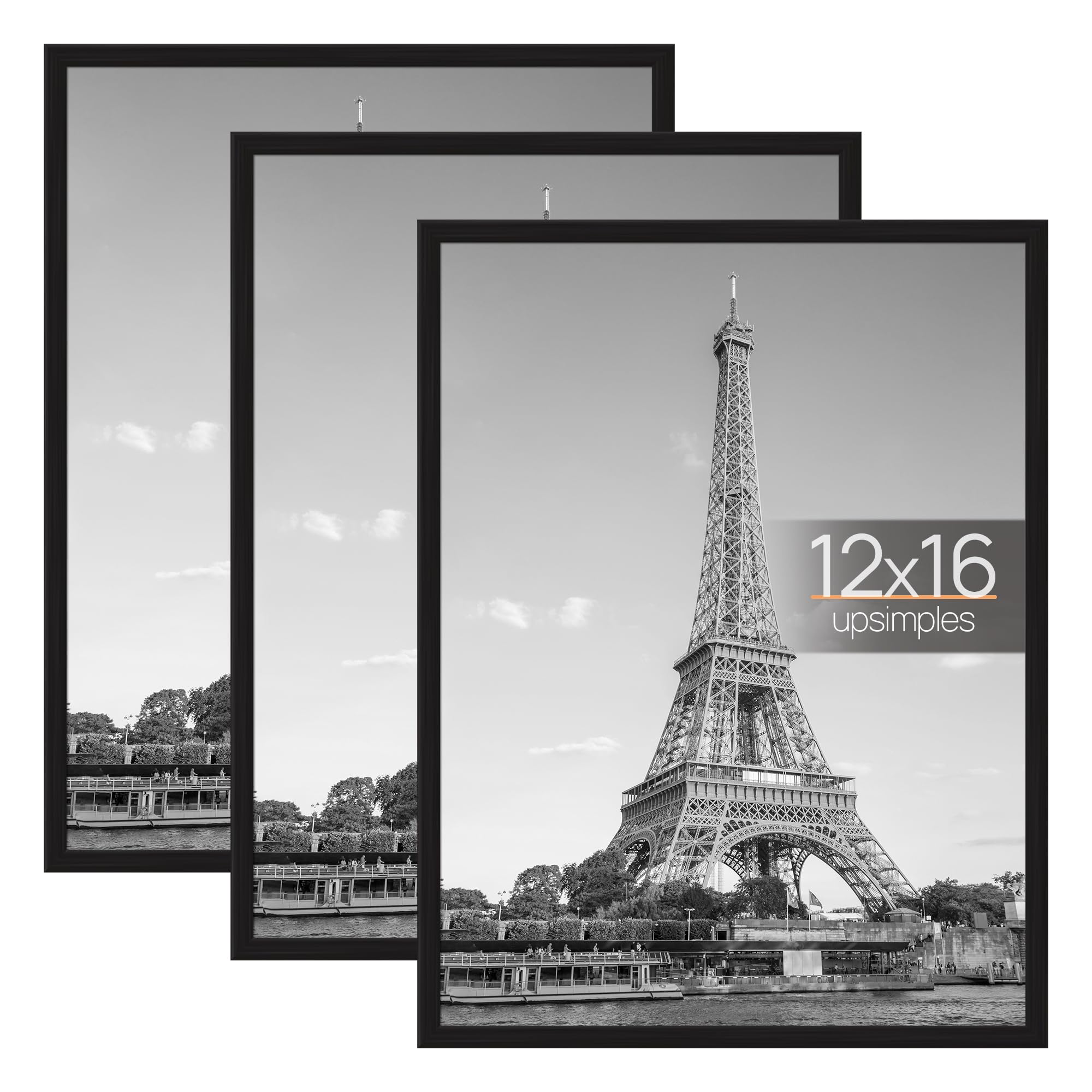 upsimples 12x16 Picture Frame Black 3 Pack, Scratch-Proof Poster Frames 12 x 16 for Photo Gallery - Slide-In Strips, Horizontal or Vertical Wall Mounting