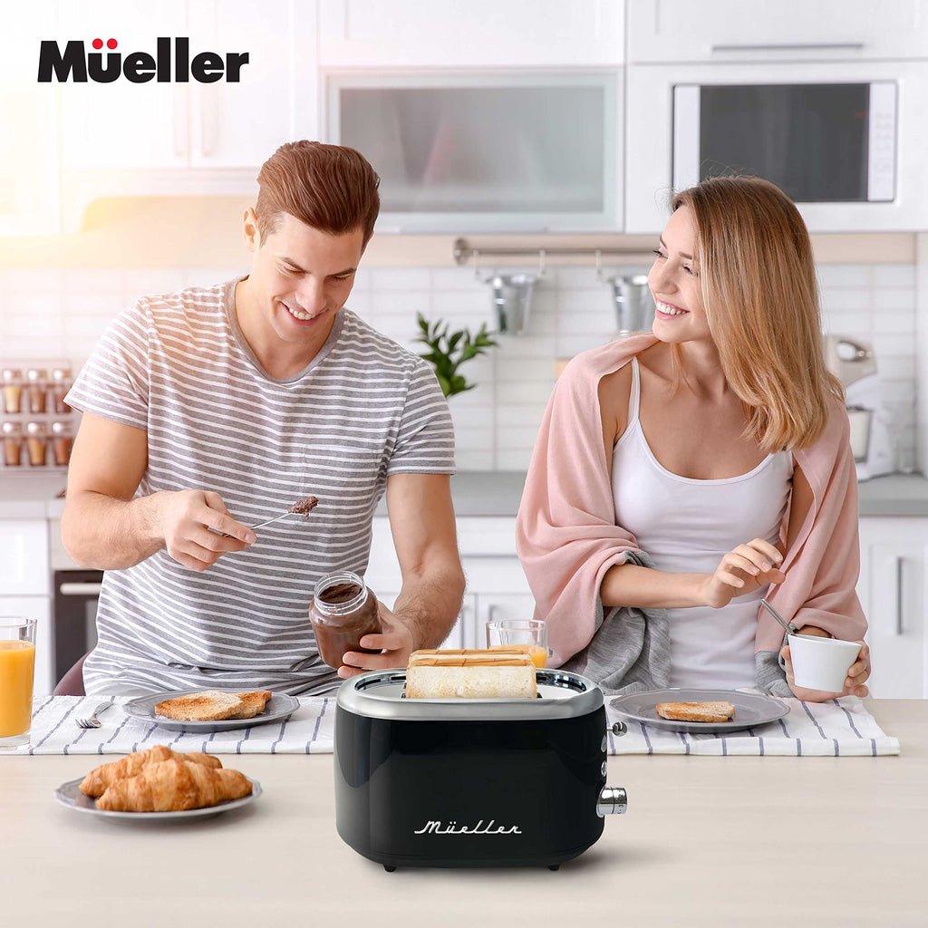 MUELLER HOME Retro Toaster 2 Slice, 7 Browning Levels, 3 Functions (Reheat, Defrost, Cancel), Stainless Steel Features, Removable Crumb Tray, Under Base Cord Storage, Turquoise