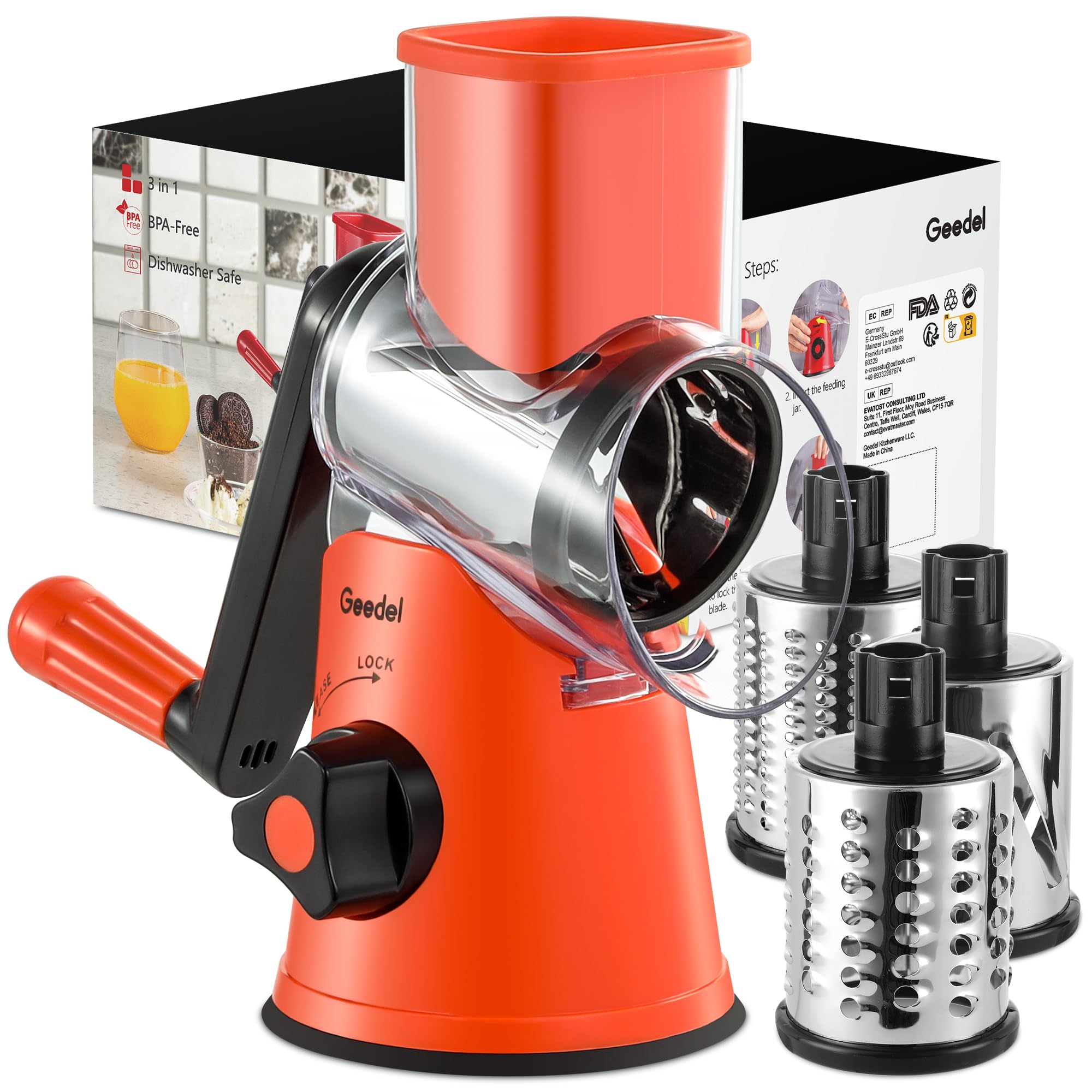 Geedel Rotary Cheese Grater, Kitchen Mandoline Vegetable Slicer with 3 Interchangeable Blades, Easy to Clean Rotary Grater Slicer for Fruit, Vegetables, Nuts