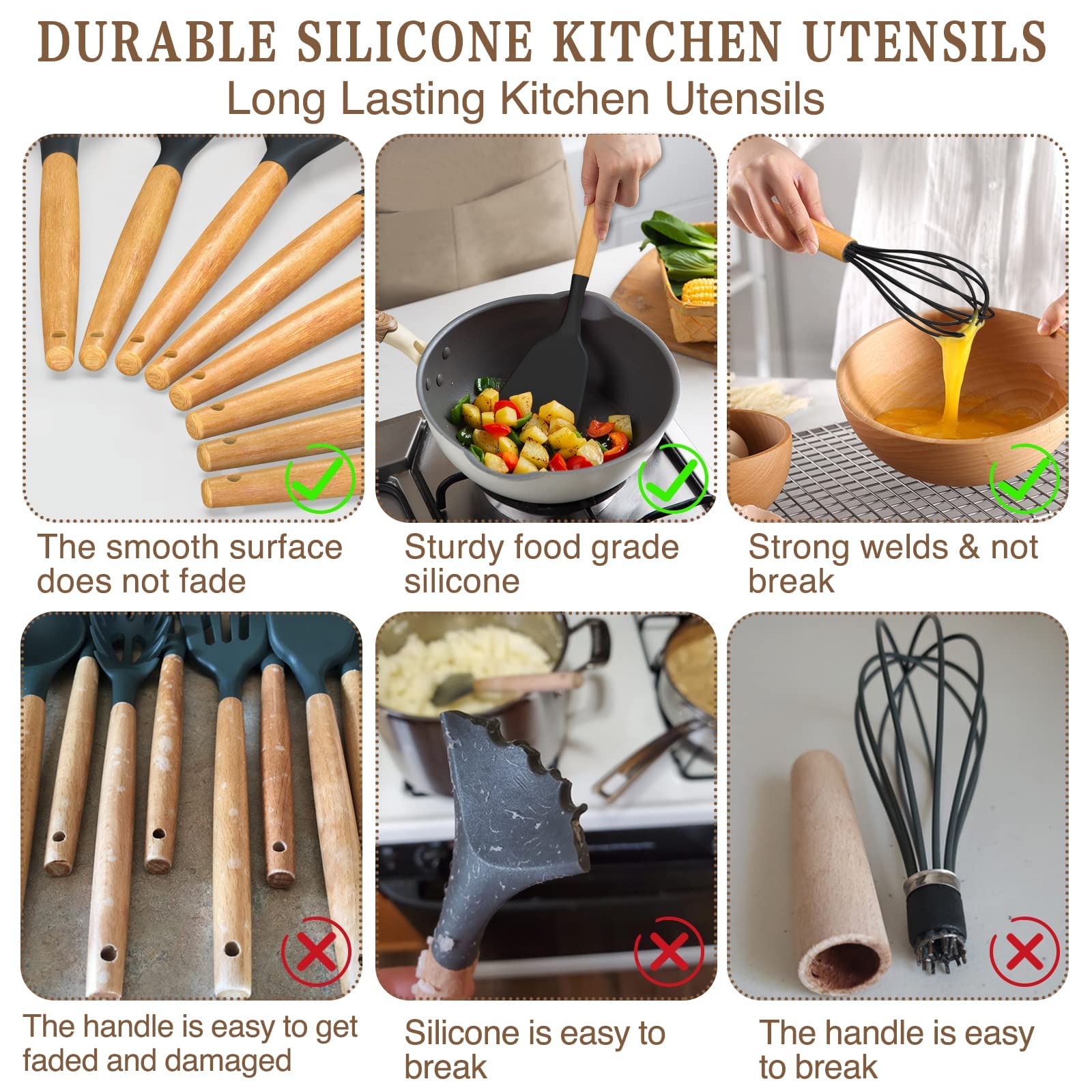 Umite Chef Kitchen Cooking Utensils Set, 33 pcs Non-Stick Silicone Cooking Kitchen Utensils Spatula Set with Holder, Wooden Handle Silicone Kitchen Gadgets Utensil Set (Khaki)