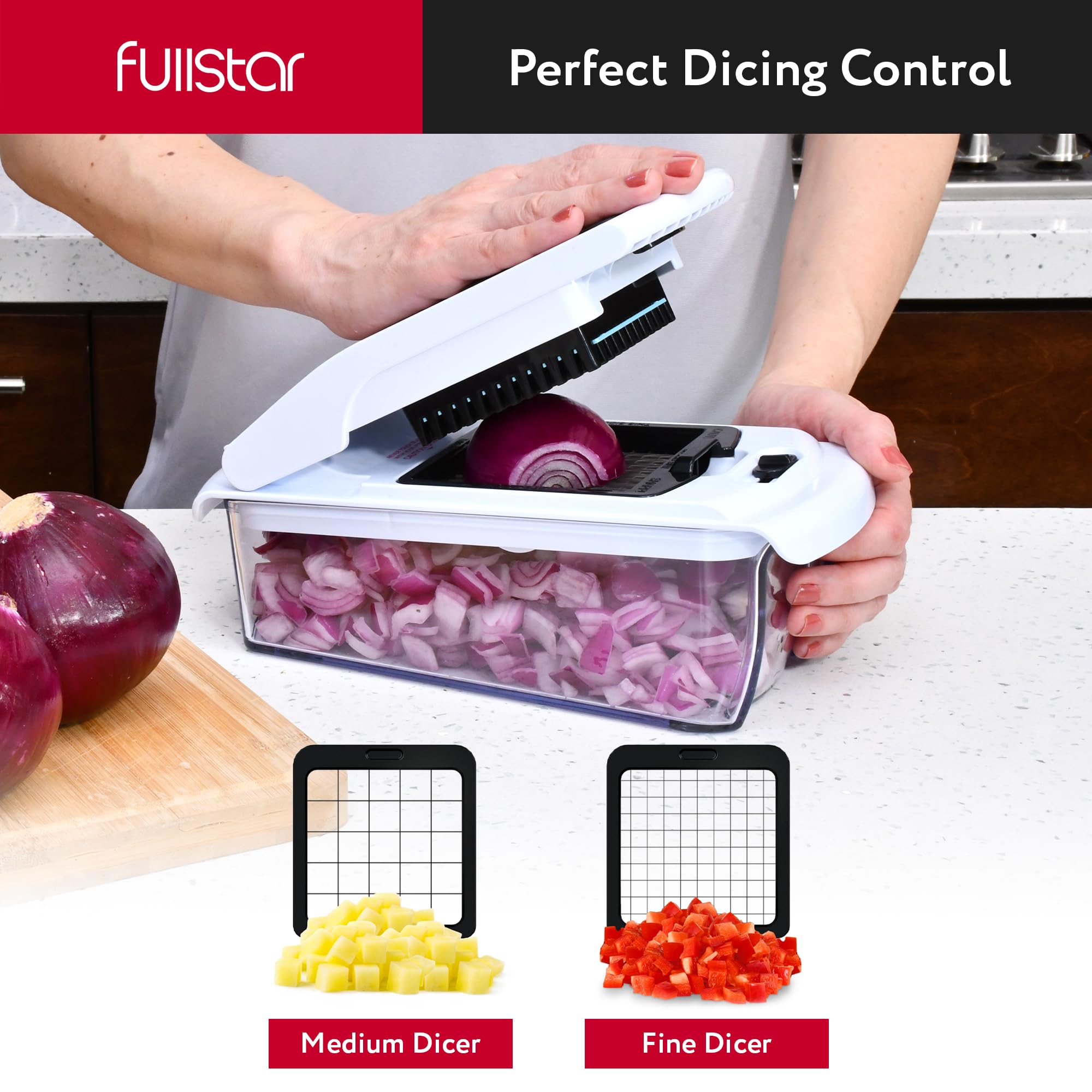 Fullstar Mandoline Slicer for Kitchen - Vegetable Chopper, Onion Potato Food Veggie Fruit Slicer and Cutter with Container, Kitchen Gadgets & Gifts, Home Essentials (6-in-1, White/Black)
