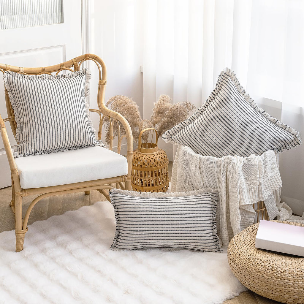 YEENAASY Throw Pillow Covers 20x20 Set of 2 Striped Fringe Pillow Cover Farmhouse Cushion Covers with Tassel Neutral Boho Pillows Decorative Square Pillowcase for Couch Sofa Bed, Black