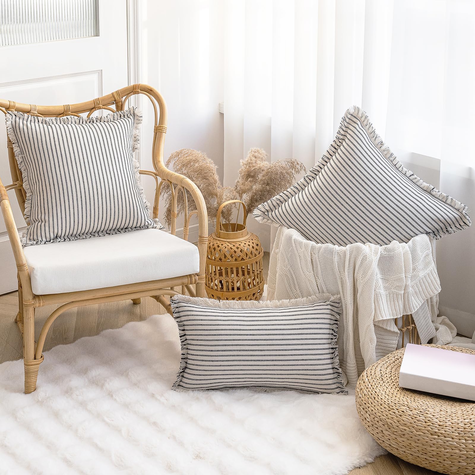 YEENAASY Throw Pillow Covers 20x20 Set of 2 Striped Fringe Pillow Cover Farmhouse Cushion Covers with Tassel Neutral Boho Pillows Decorative Square Pillowcase for Couch Sofa Bed, Black