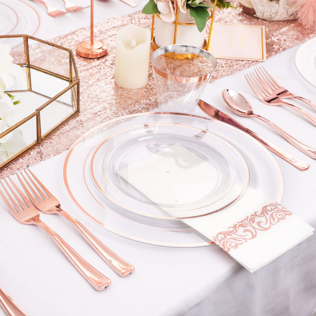 DaYammi 350PCS Gold Plastic Dinnerware Set for 50 Guests, Fancy Disposable Plates for Party, Include: 50 Dinner Plates, 50 Dessert Plates, 50 Pre Rolled Napkins with Gold Silverware, 50 Cups