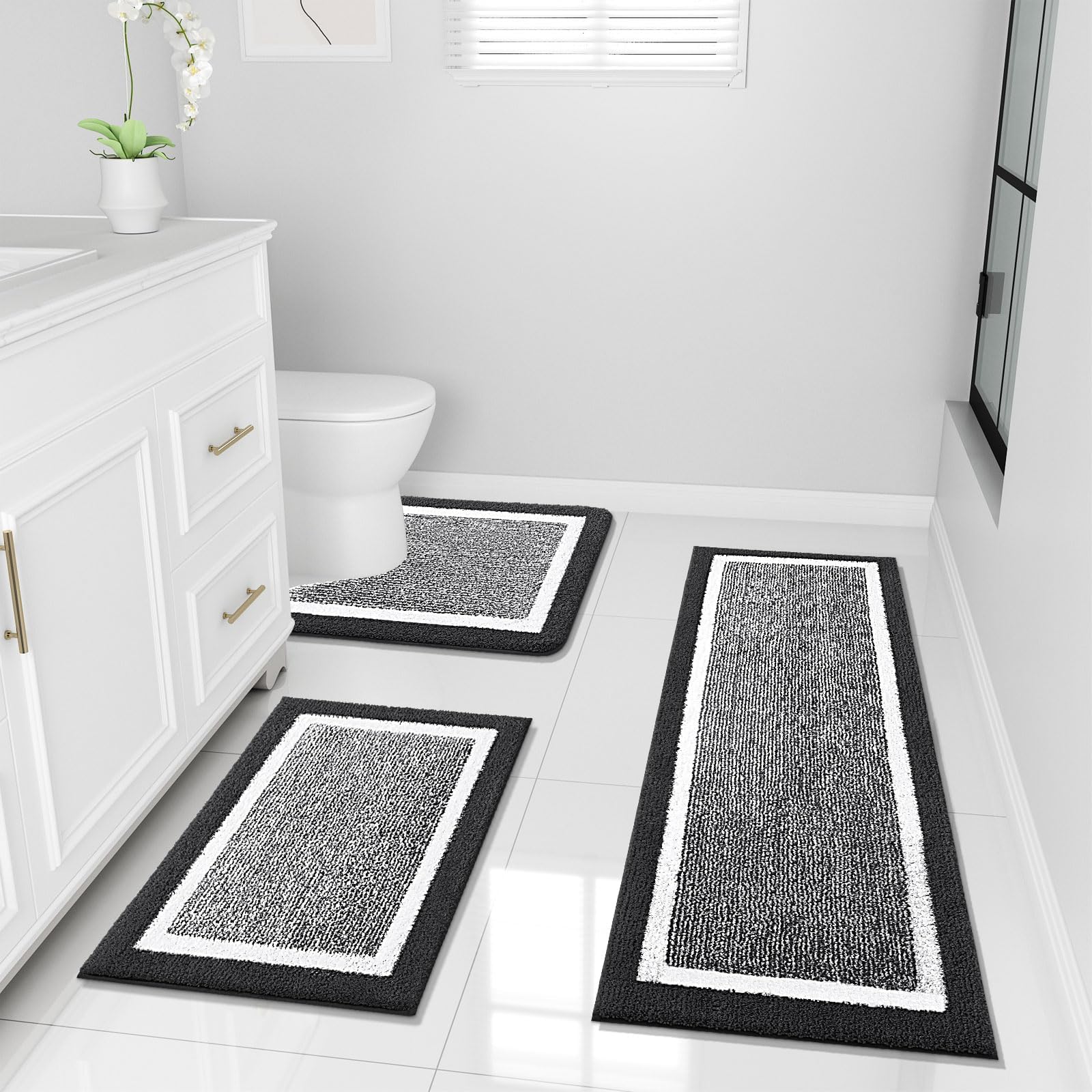 OLANLY Bathroom Rugs Sets 3 Piece, Soft Absorbent Microfiber Bath Mats and U-Shaped Contour Toilet Rug, Home Decor Accessories, Non-Slip, Bath Mat Set for Bathroom (30"x20"+24"x16"+24"x20", Grey)