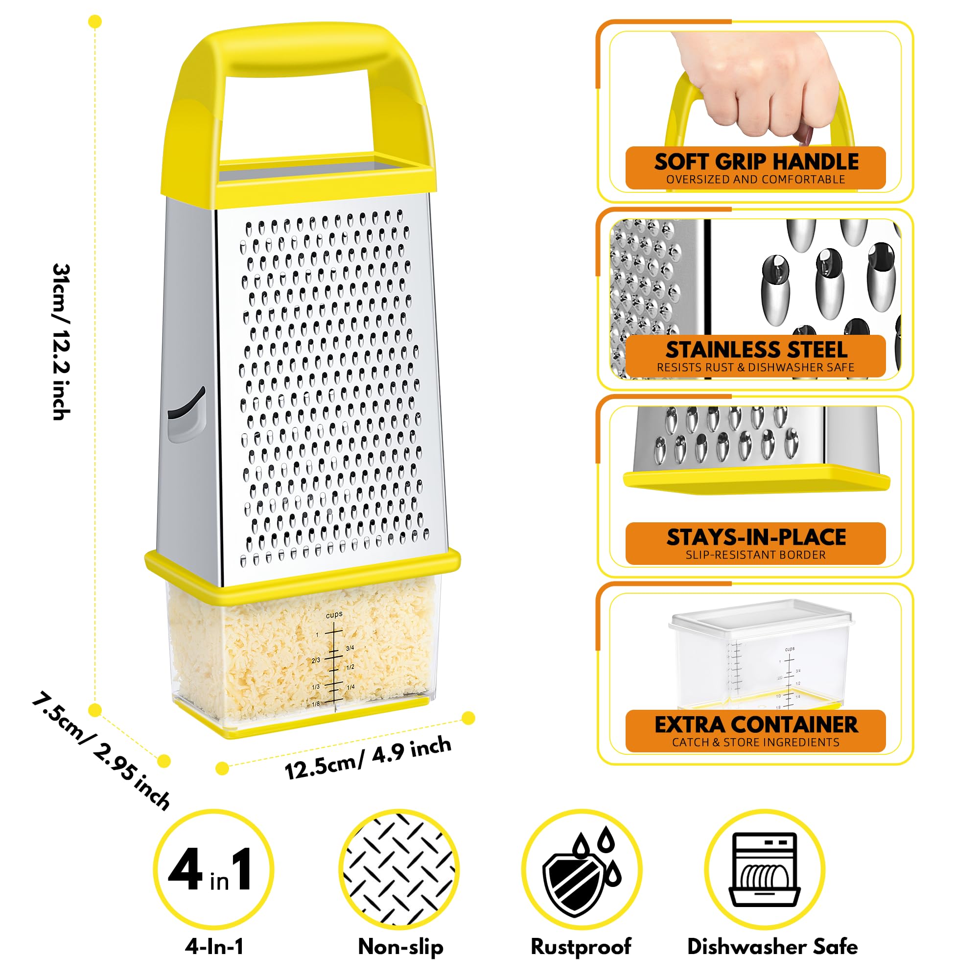Urbanstrive Cheese Grater With Container Box Grater Stainless Steel Graters for Kitchen Cheese Shredder Parmesan Shredder Kitchen Gadgets Kitchen Tools Kitchen Gifts for Chef Dishwasher Safe Zester