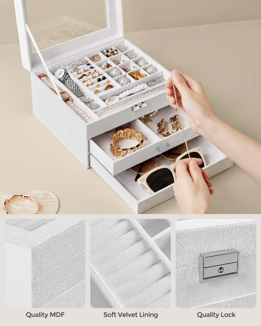 SONGMICS 3-Tier Jewelry Box, Travel Jewelry Case with Handle, 2 Drawers, Lockable Jewelry Organizer with Mirror, Jewelry Storage, Modern Style, Gift for Loved Ones, White UJBC154W01