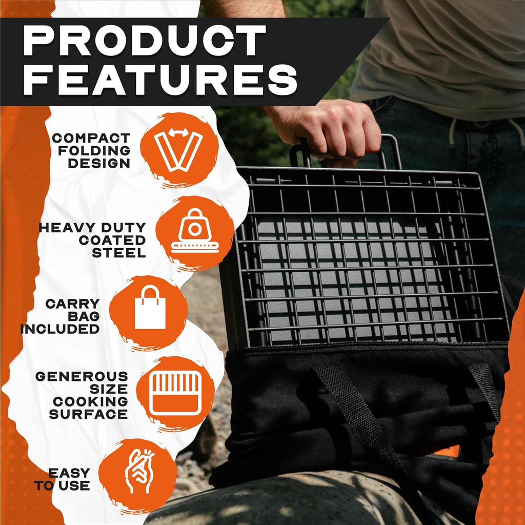 Adventure Seeka 24" Heavy Duty Folding Campfire Grill, Compact Swivel Grill Design, Food-Safe Cooking Surface, Grate & Griddle for Campfire Cooking, Australian Owned