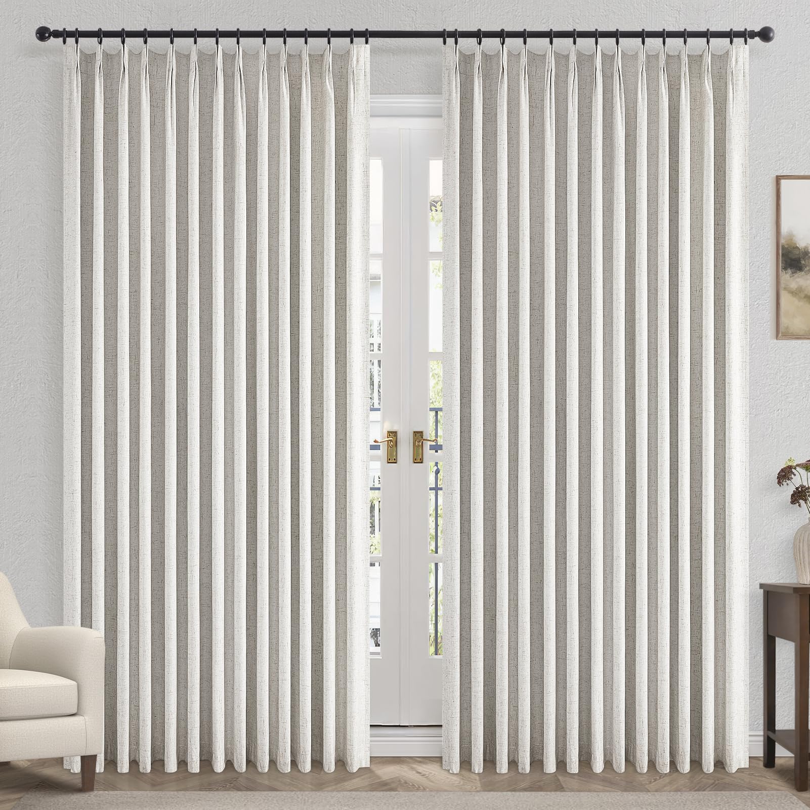 Topfinel Extral Wide Curtains, Pinch Pleated 100% Blackout Linen Drapery Panels with Hooks, Pinch Pleat Drapes for Patio Sliding Door Large Window Living Room Track, 72" Wx96 L 2 Panel