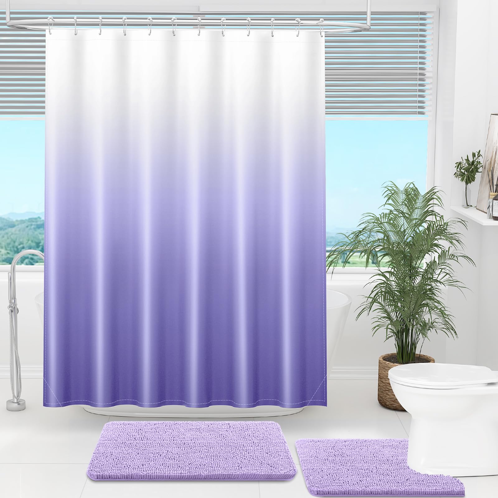 OLANLY Luxury Black and Grey Ombre Shower Curtain Sets with 12 Hooks, Waterproof and Washable Decorative Shower Curtains for Bathroom, 72x72 Inches