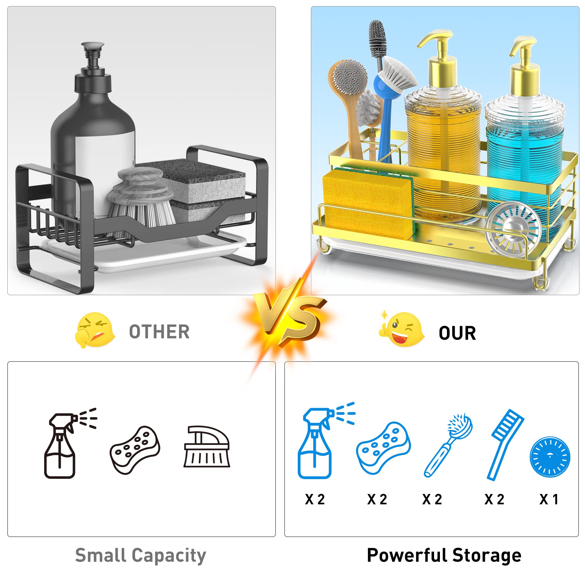 Cisily Black Sponge Holder for Kitchen, Sink Caddy Sink Organizer Rack for Kitchen Accessories with Drip Tray, Rustproof and Non-slip, Soap Dispenser Countertop Organizer Essentials for New Home