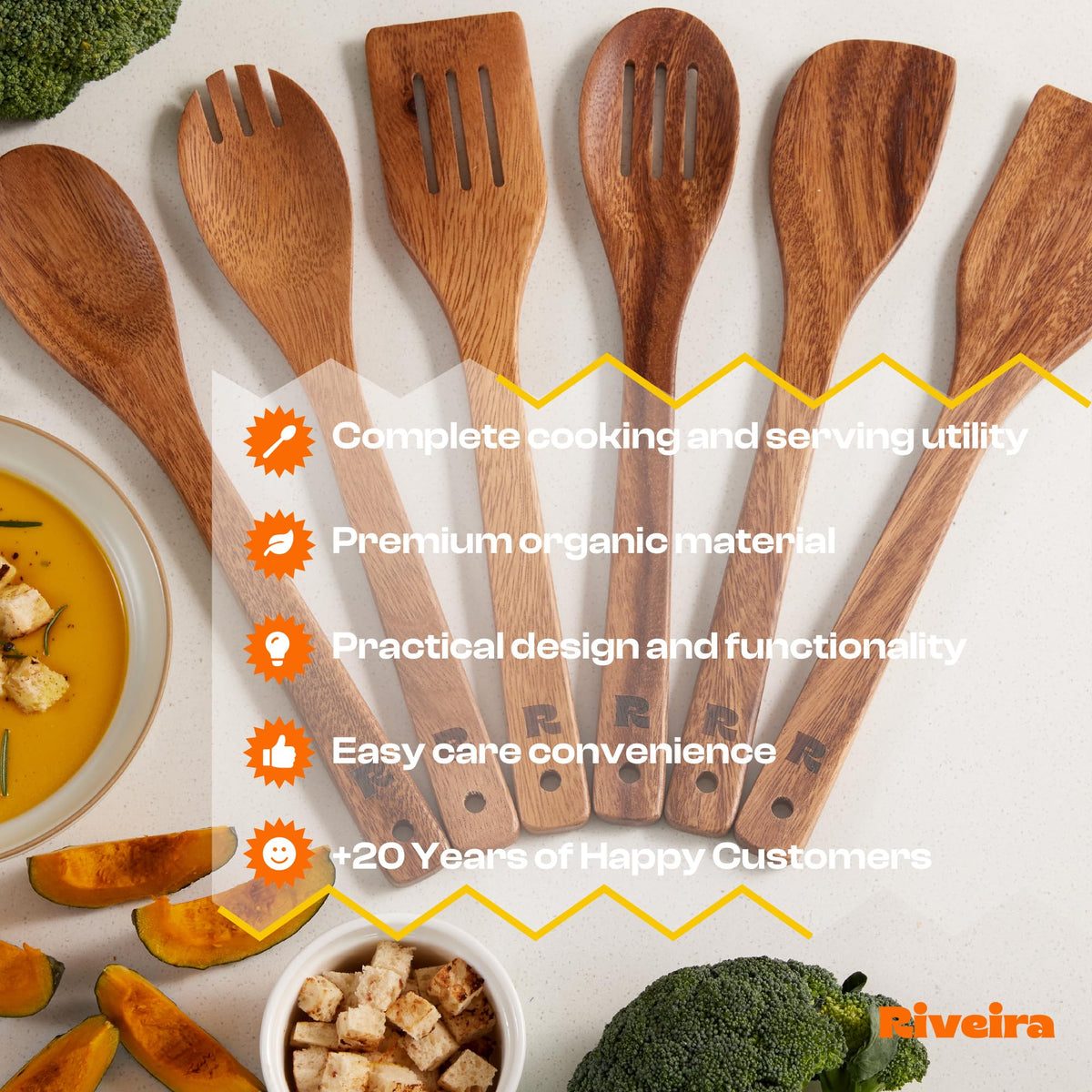 Riveira Dark Bamboo Wooden Spoons for Cooking 6-Piece, Apartment Essentials Wood Spatula Spoon Nonstick Kitchen Utensil Set Premium Quality Housewarming Gifts for Everyday Use