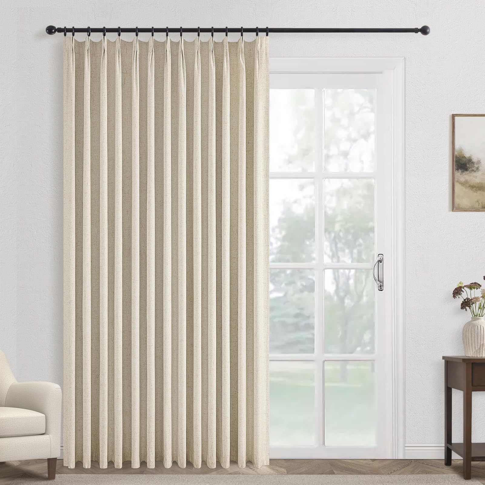 Topfinel Pinch Pleated Curtains 96 Inch Long, 100% Blackout Thermal Insulated Natural Linen Pinch Pleat Viral Drapes with Hooks Rings 2 Panel Sets, Neutral Beige Ivory 8FT Back Tab Window Curtains