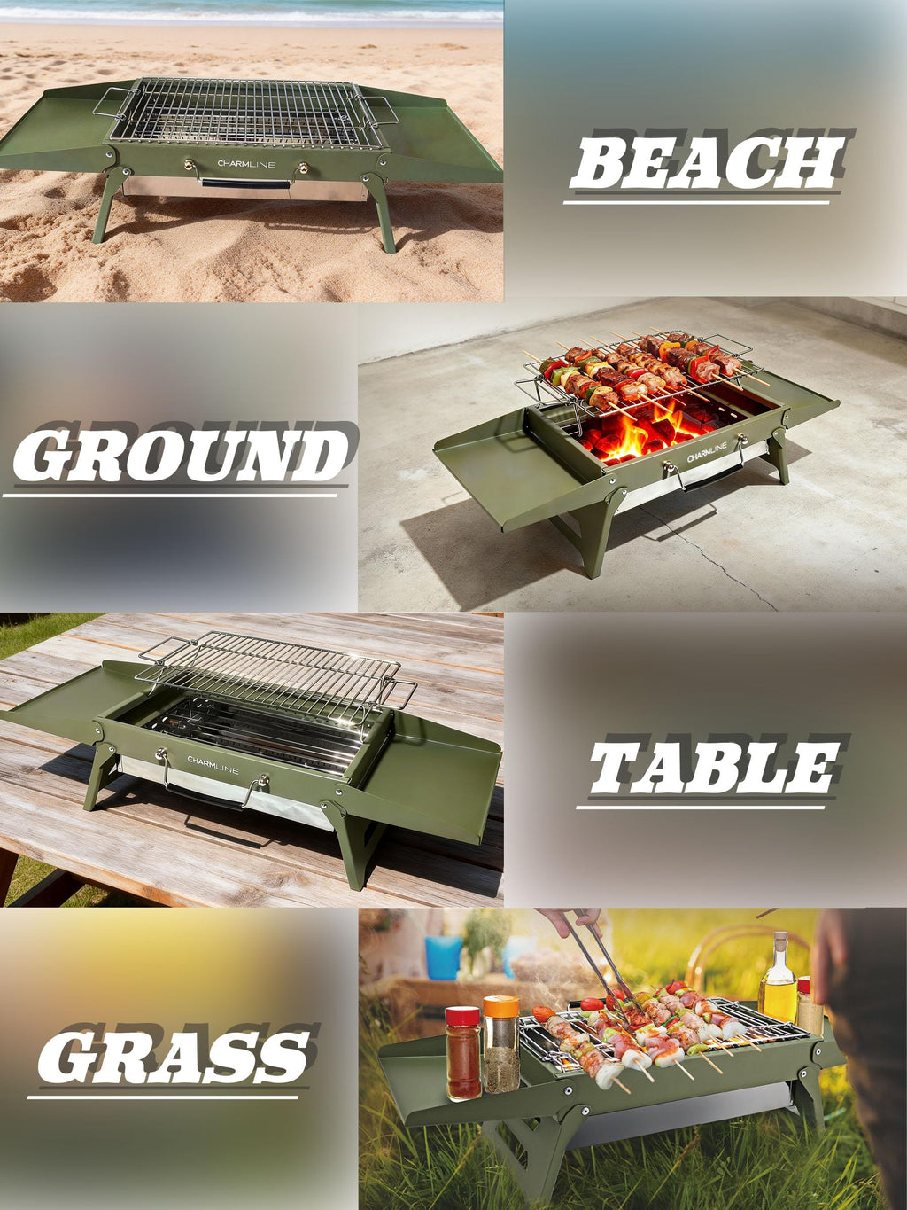 Charmline 14 x 9 inches Portable Charcoal BBQ Grill, Foldable Compact Camping Barbecue for 1–3 People, Ideal for Garden, Beach, Picnic & Tabletop Use, Green