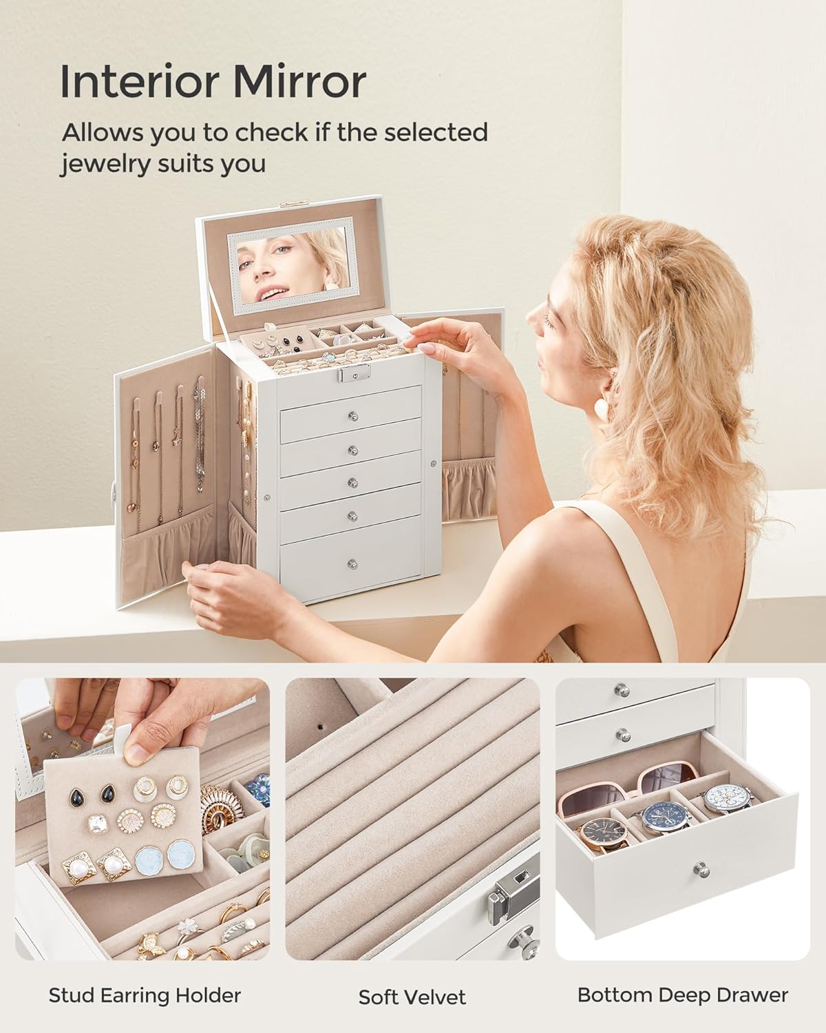 SONGMICS 6-Layer Jewelry Box Organizer with 5 Drawers, Jewelry Storage Case with Lock and Mirror, Large Storage Capacity, Gift for Loved Ones, for Necklaces, Watches, White UJBC152W01