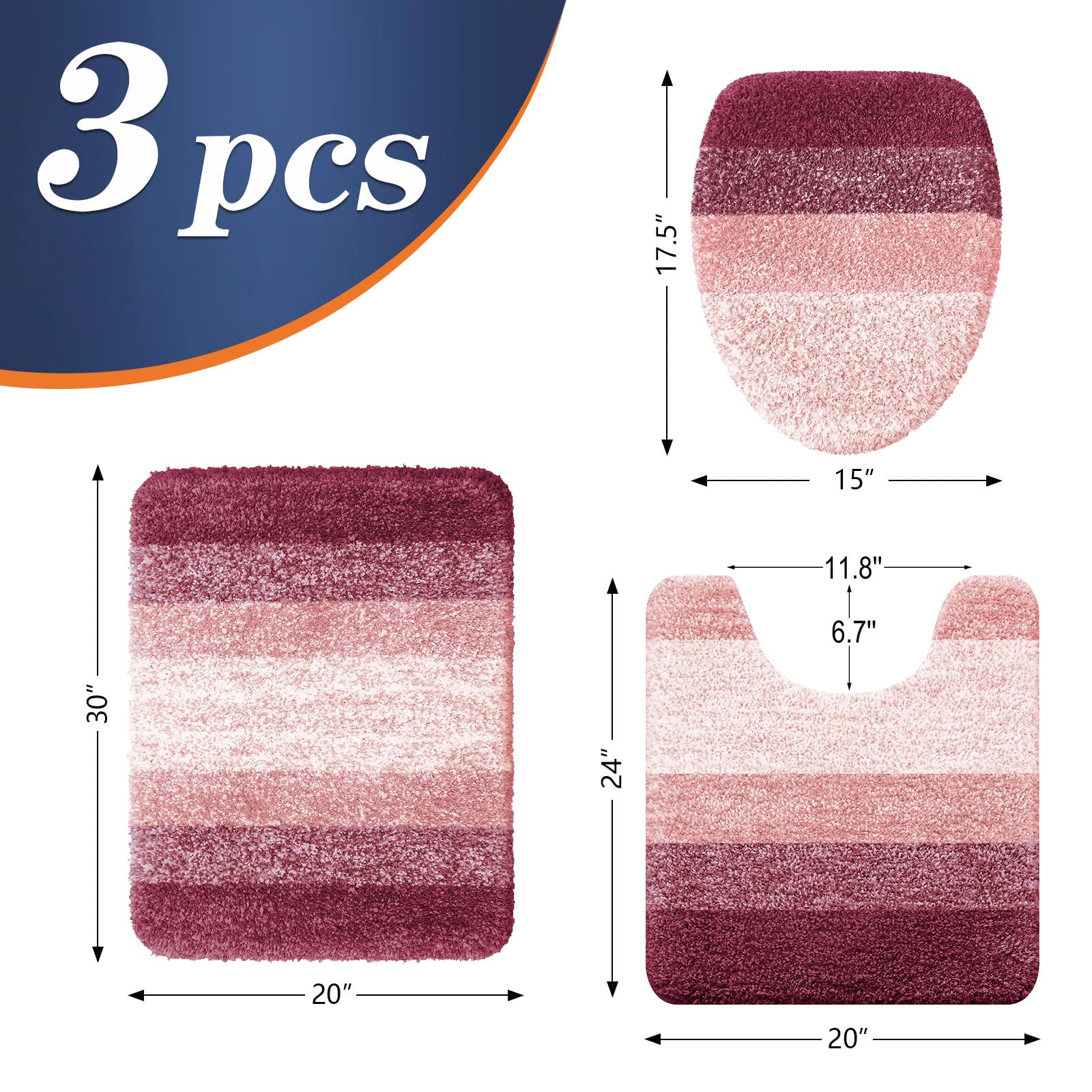 OLANLY Bathroom Rugs Sets 3 piece, Soft Microfiber Absorbent Bath Mat, U-Shaped Contour Toilet Mat and Toilet Lid Cover, Quick Dry, Machine Washable, Toilet Cover and Rug Set for Bathroom, Grey