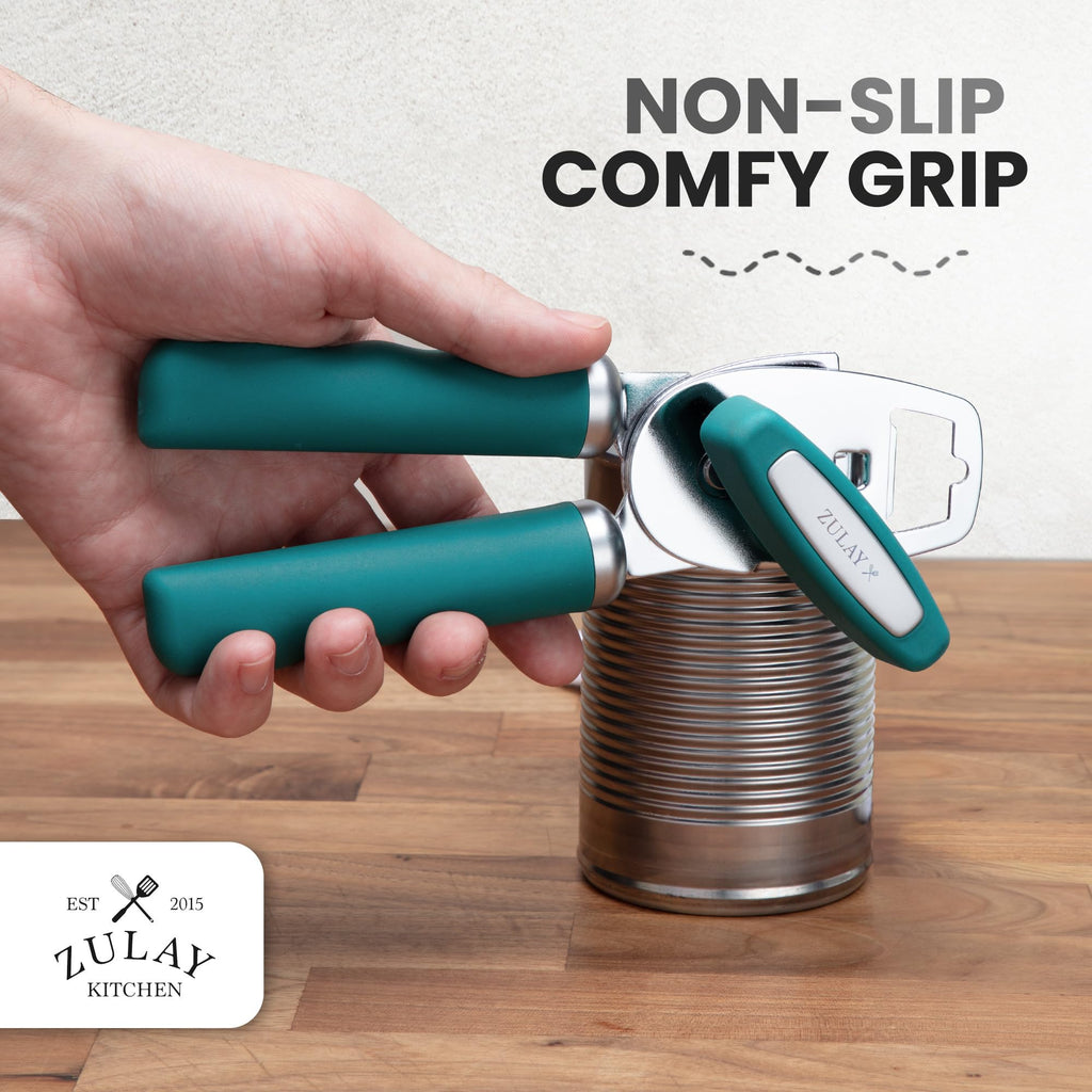 Zulay Kitchen COMFY™ Can Opener Manual with Bottle Opener - Rust Proof Stainless Steel Manual Can Opener With Turn Knob & Comfy Soft Grip Handles - Black