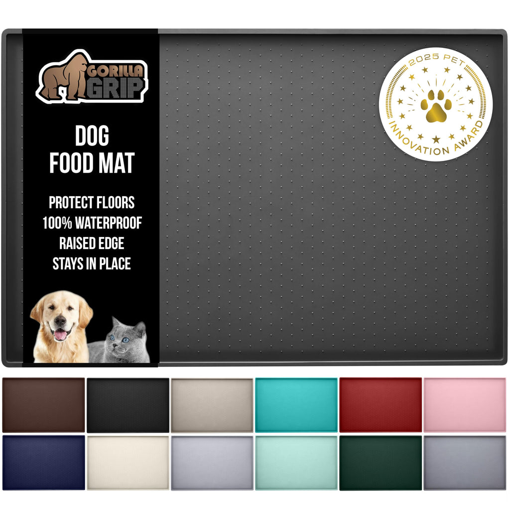 GORILLA GRIP 100% Waterproof Raised Edge BPA Free Silicone Pet Feeding Mat, Dog Cat Food Mats Contain Spills Protects Floors, Placemats for Cats and Dogs Water Bowl, Pets Accessories 18.5x11.5 Gray