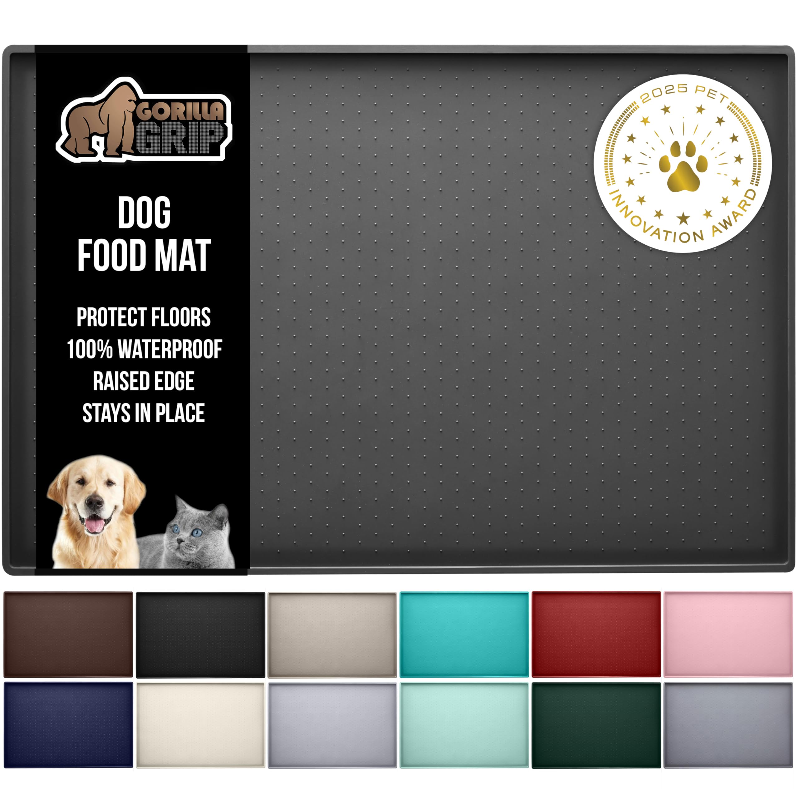 GORILLA GRIP 100% Waterproof Raised Edge BPA Free Silicone Pet Feeding Mat, Dog Cat Food Mats Contain Spills Protects Floors, Placemats for Cats and Dogs Water Bowl, Pets Accessories 18.5x11.5 Gray