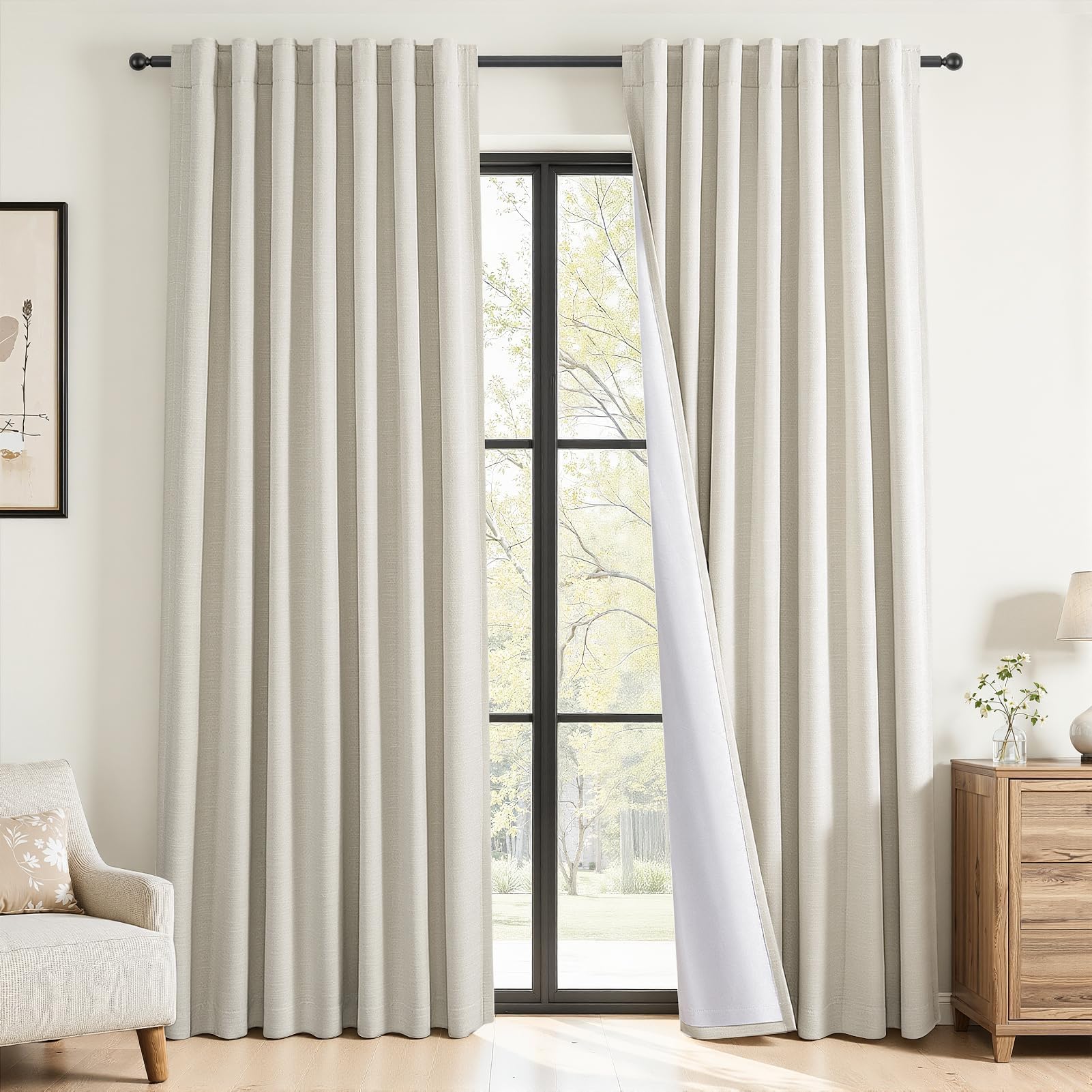 Topfinel 84 Inch Long Natural Blackout Curtains for Bedroom Livingroom, Farmhouse Back Tab Pinch Pleated Drapes for Track System,Neutral Linen Ambiance & Privacy Drapes Natural 52" W*84" L