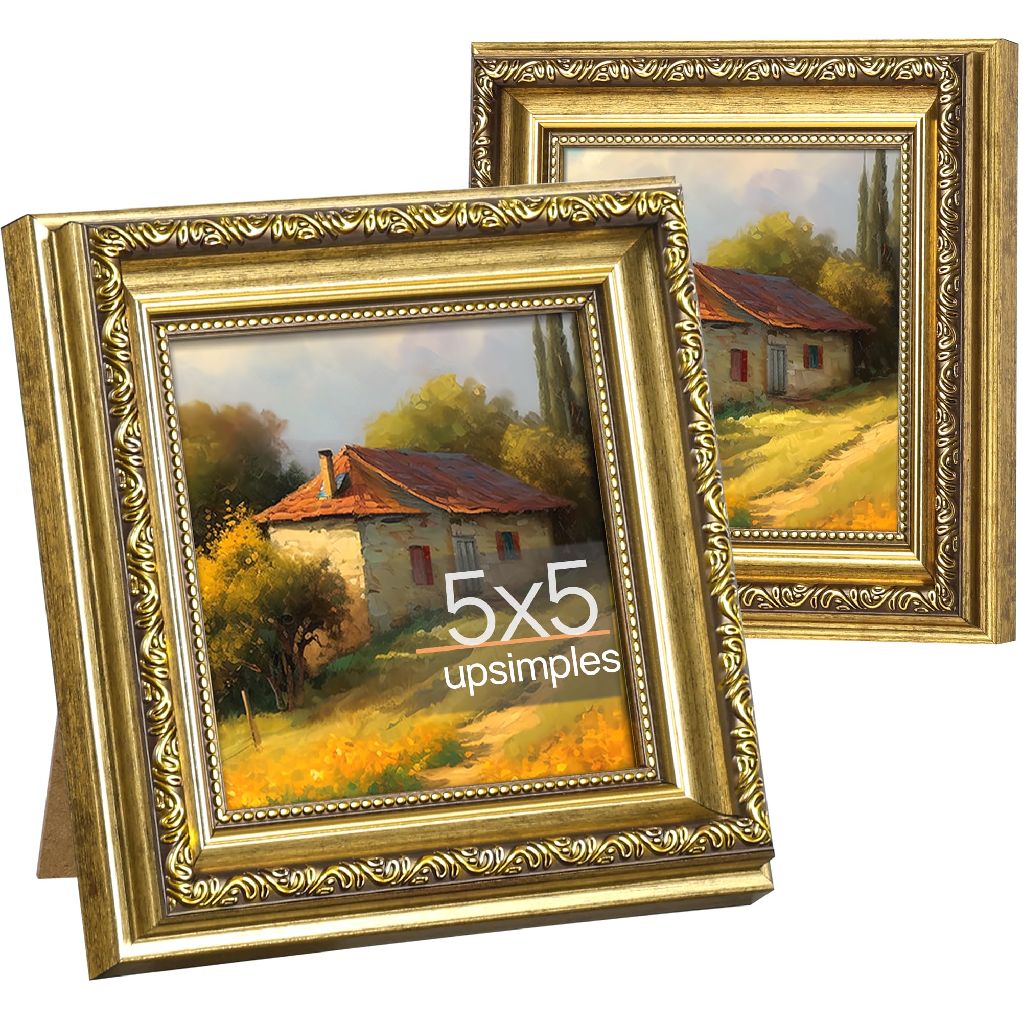 upsimples 5x7 Picture Frame with Real Glass, Ornate Vintage 5 x 7 Photo Frames for Wall Decor or Tabletop Display, Gold, 2 Pack