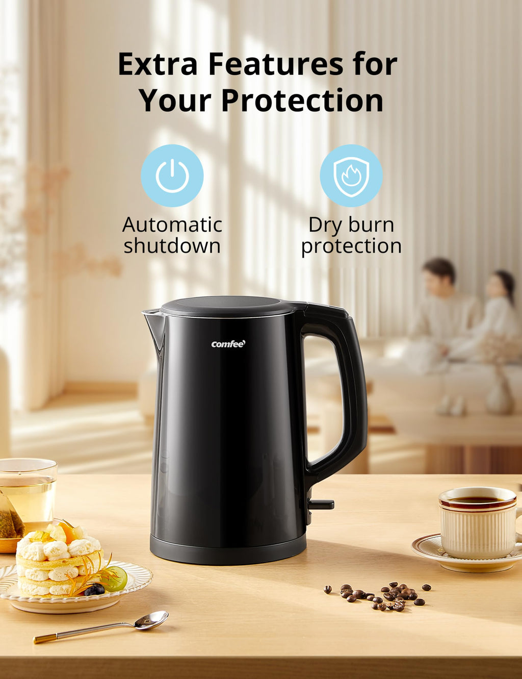 COMFEE' Stainless Steel Electric Kettle, 1.7 Liter Tea Kettle Electric & Hot Water Kettle, 1500W Fast Boil with LED Light, Auto Shut-Off and Boil-Dry Protection