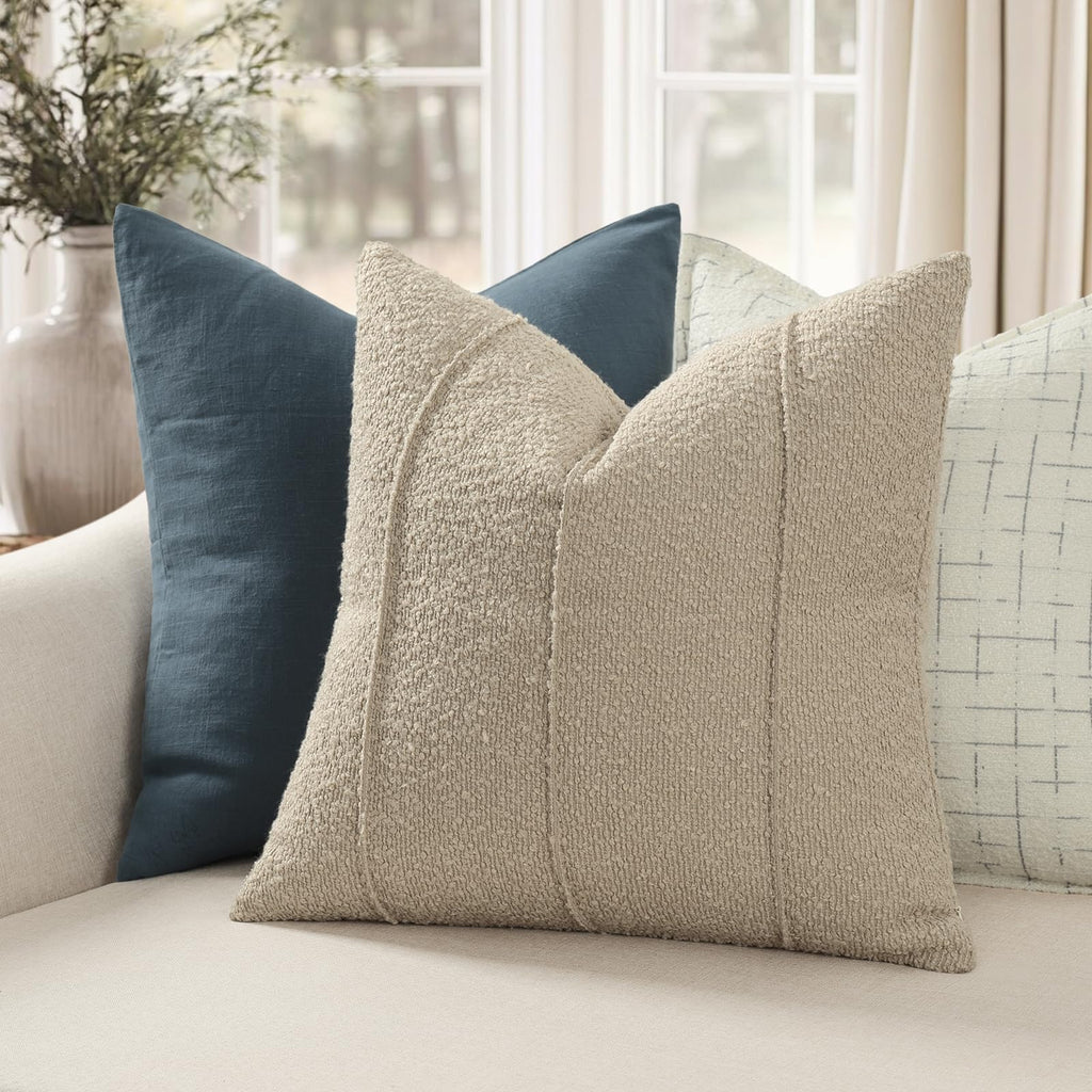 YCOLL Textured Boucle Throw Pillow Covers 20x20 Pack of 2 - Soft Neutral Striped Cushion Covers, Cozy Accent Decorative Pillow Covers for Couch, Sofa, Bed, Living Room (Beige)