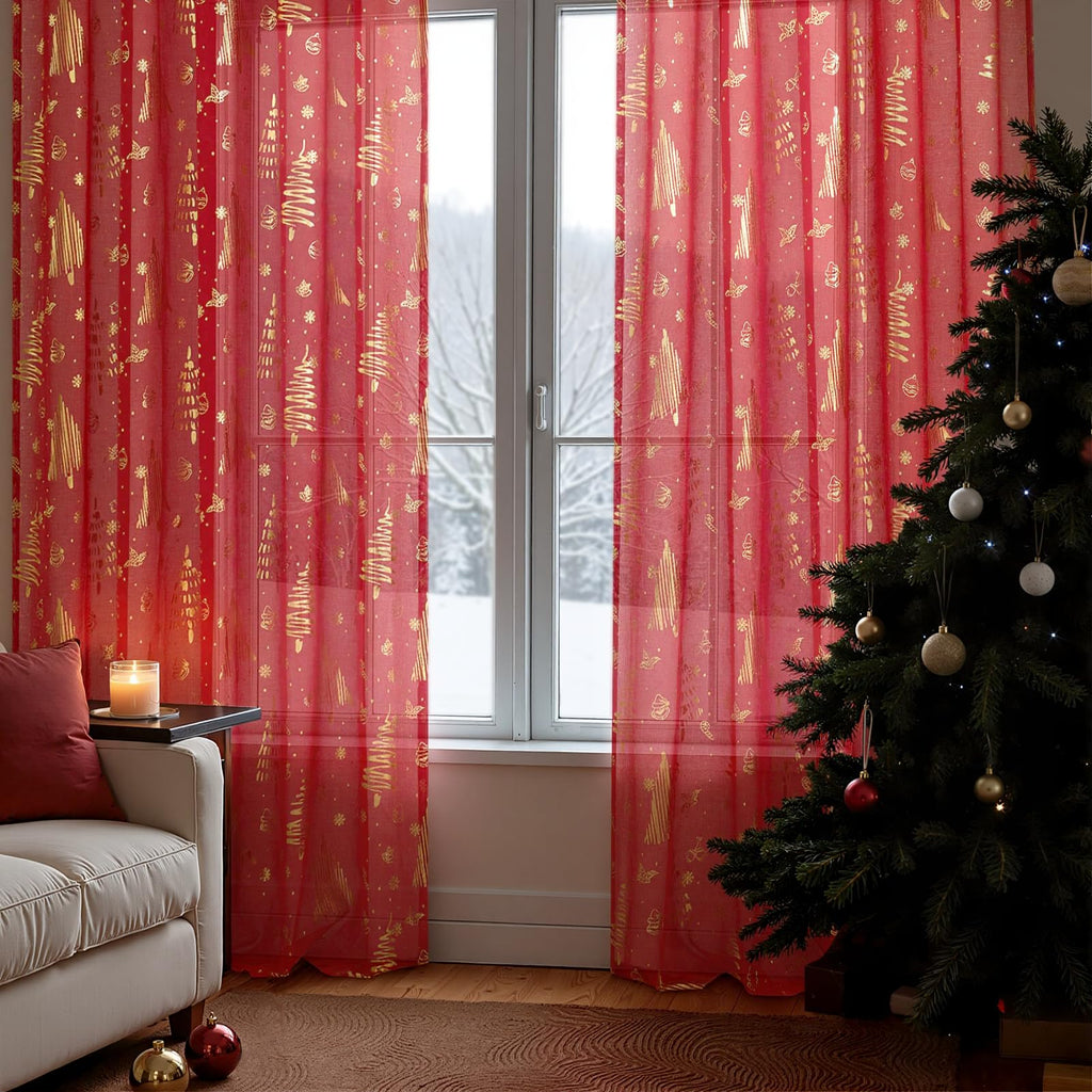 Topfinel Red Christmas Decorations for Home, Sheer Curtains 84 Inch Length for Kids/Living Room 2 Panels Set, Christmas Bells, Snowflake, Santa Claus, Xmas Ball for Cortinas De Navidad Decor