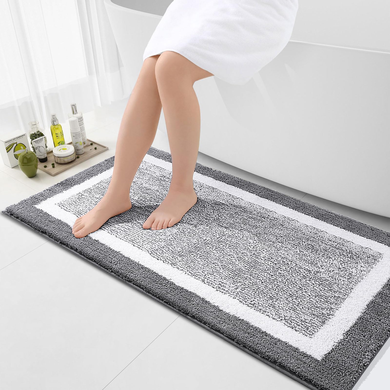 OLANLY Small Bathroom Rugs 24x16, Extra Soft and Absorbent Microfiber Bath Rugs, Non-Slip, Machine Washable, Quick Dry Shaggy Bath Carpet, Bath Mats for Bathroom Floor, Tub, Shower, Grey