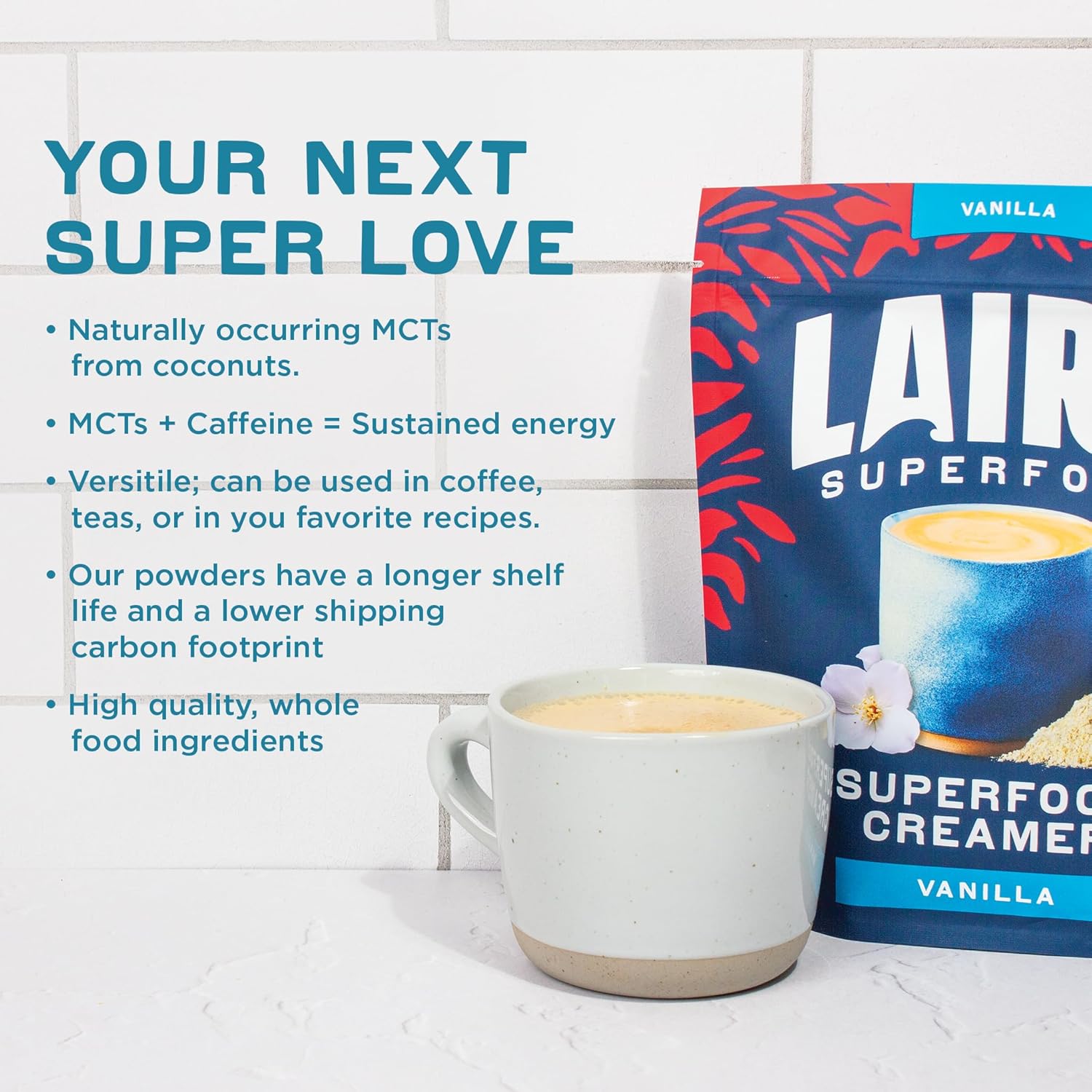 Laird Superfood Non-Dairy Coconut Powder Creamer - Sweet & Creamy + Adaptogens - Superfood Creamer with Functional Mushrooms - Non-GMO, Vegan, 8 oz. Bag, Pack of 1