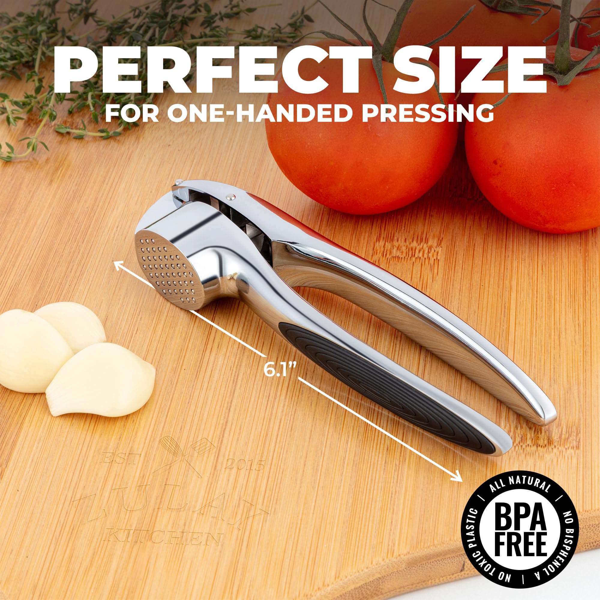 Zulay Kitchen Premium Garlic Press Set - Rust Proof Professional Garlic Mincer Tool - Easy-Squeeze, Easy-Clean with Soft, Ergonomic Handle - Silicone Garlic Peeler & Brush (Silver)