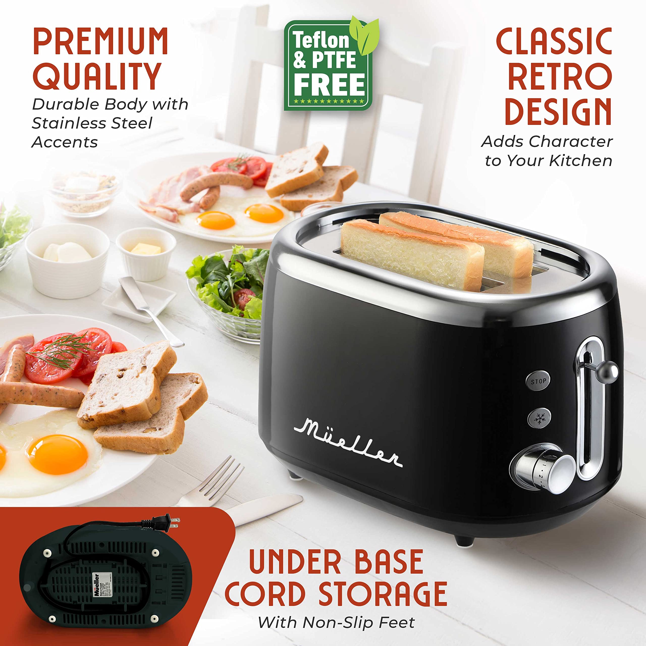 MUELLER HOME Retro Toaster 2 Slice, 7 Browning Levels, 3 Functions (Reheat, Defrost, Cancel), Stainless Steel Features, Removable Crumb Tray, Under Base Cord Storage, Turquoise