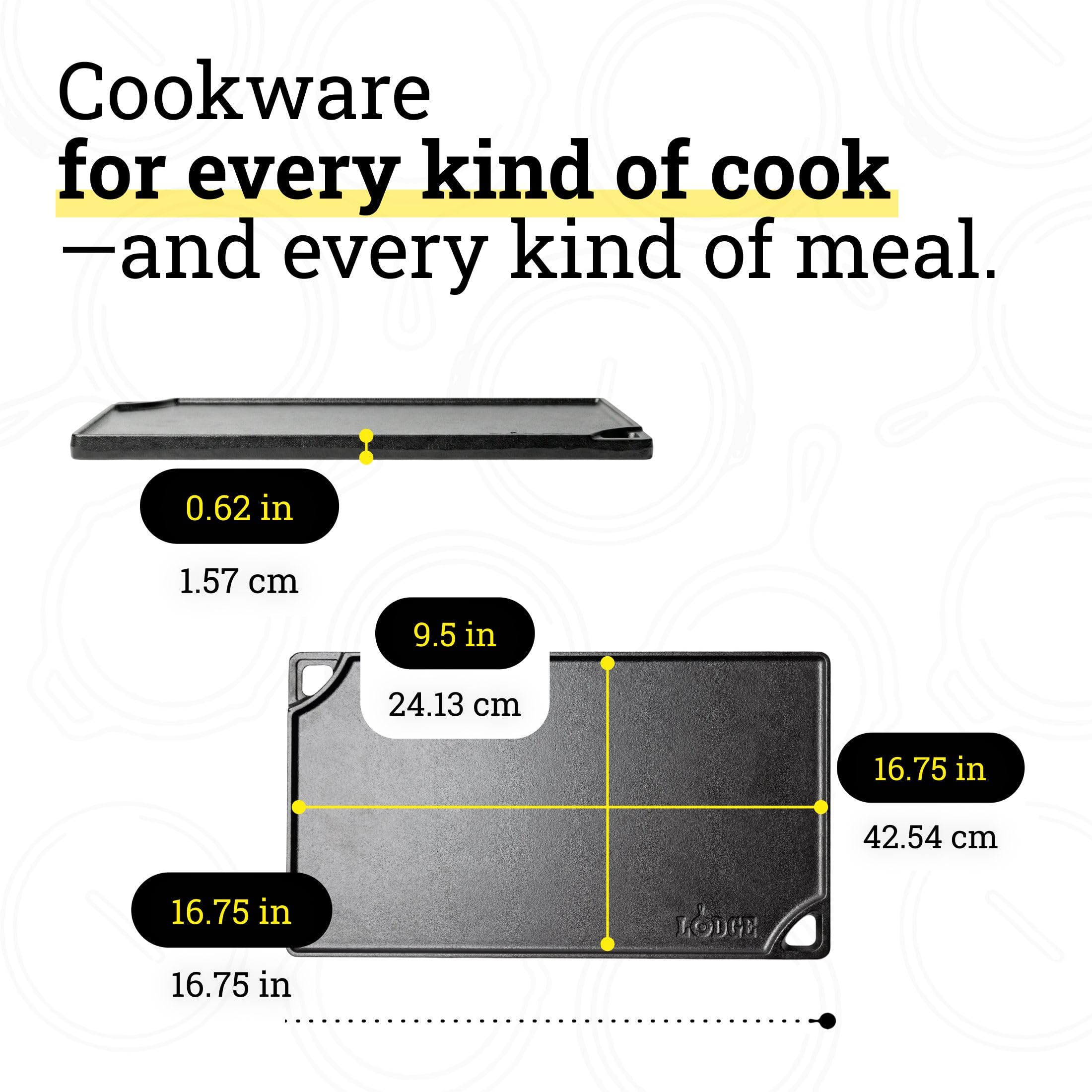 Lodge Double Play Reversible Cast Iron Grill/Griddle - Dual-Sided with Double Burner Configuration for Eggs, Pancakes, Burgers & More - Seasoned, Non-Toxic Cookware - Heavy-Duty Grill Pan - Black